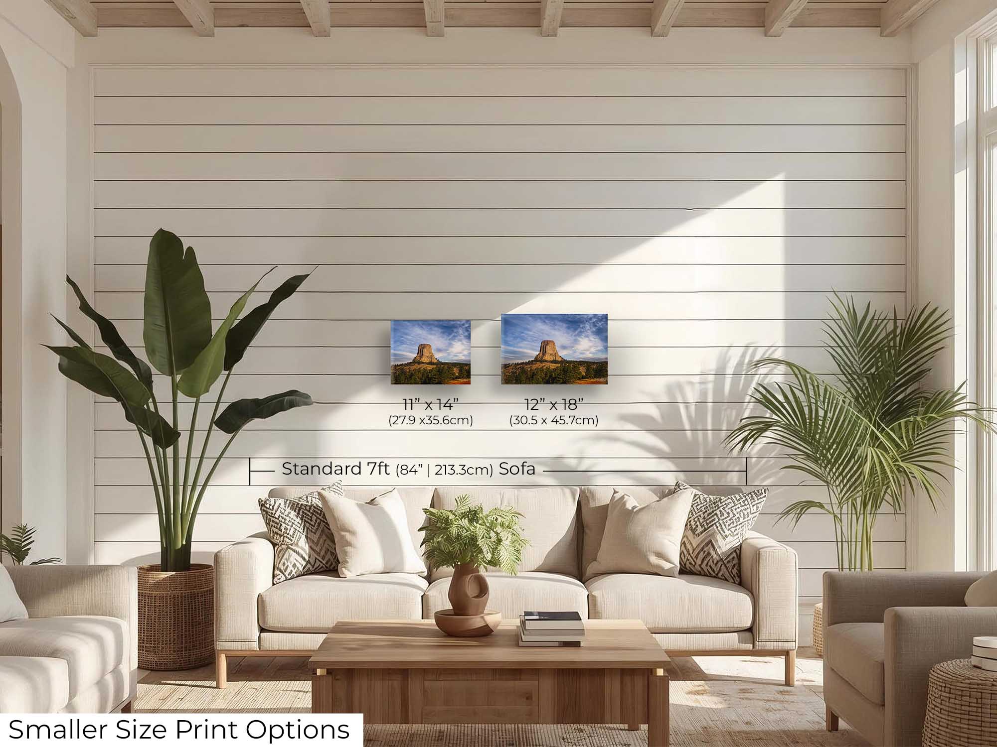 Devil’s Tower Wyoming sunset fine art print wall art size mockup showing 11x14 and 12x18 inch prints above a seven foot sofa 