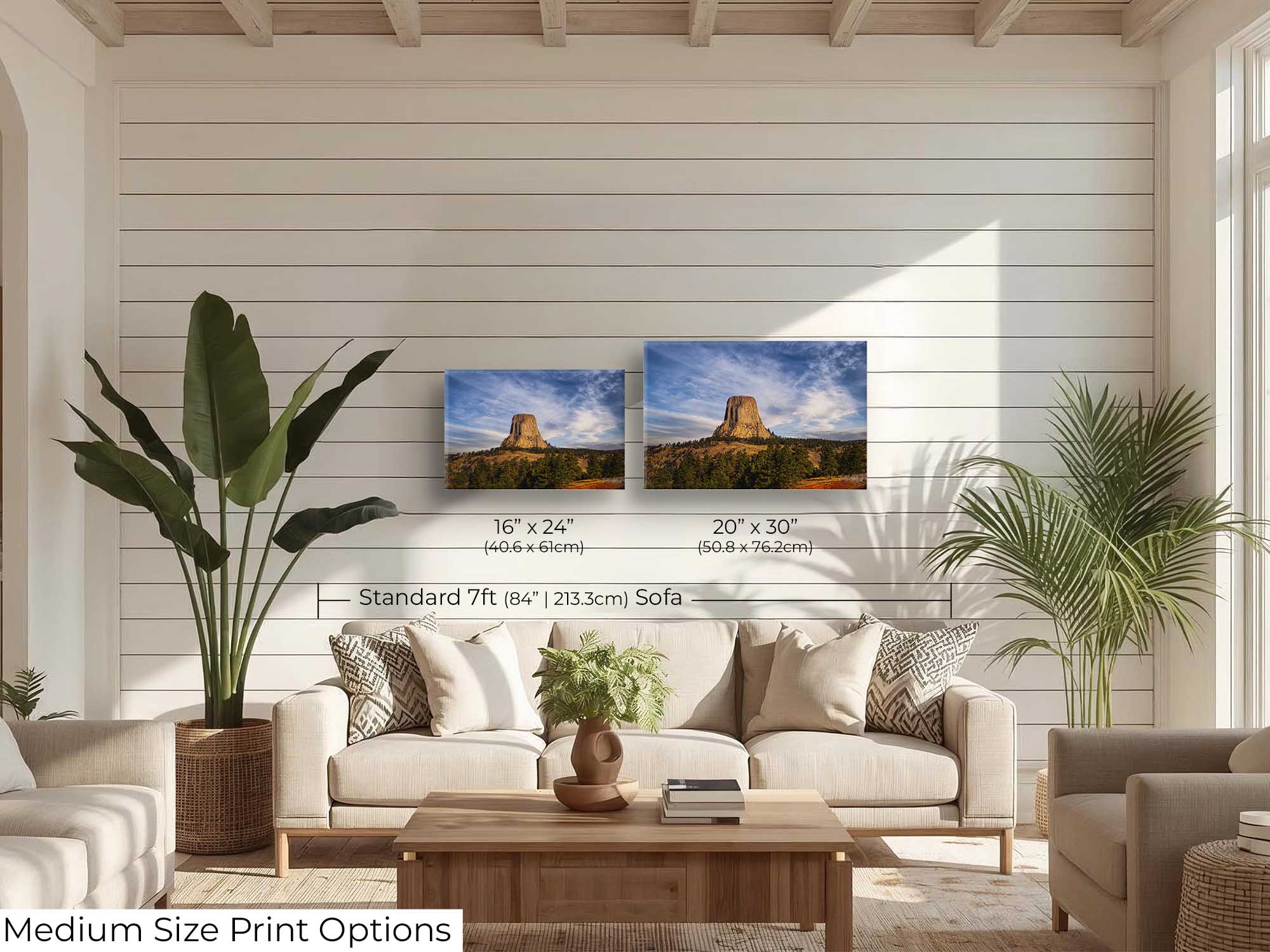 Devil’s Tower Wyoming sunset fine art print wall art size mockup showing 16x24 and 20x30 inch prints above a seven foot sofa 