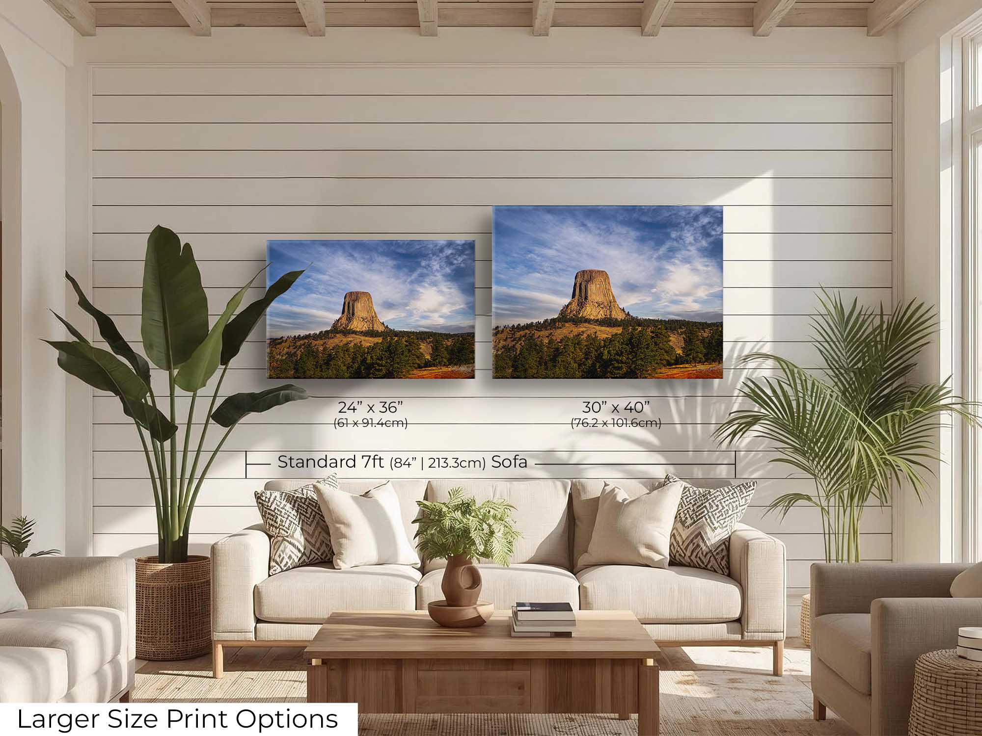 Devil’s Tower Wyoming sunset fine art print wall art size mockup showing 24x36 and 30x40 inch prints above a seven foot sofa 