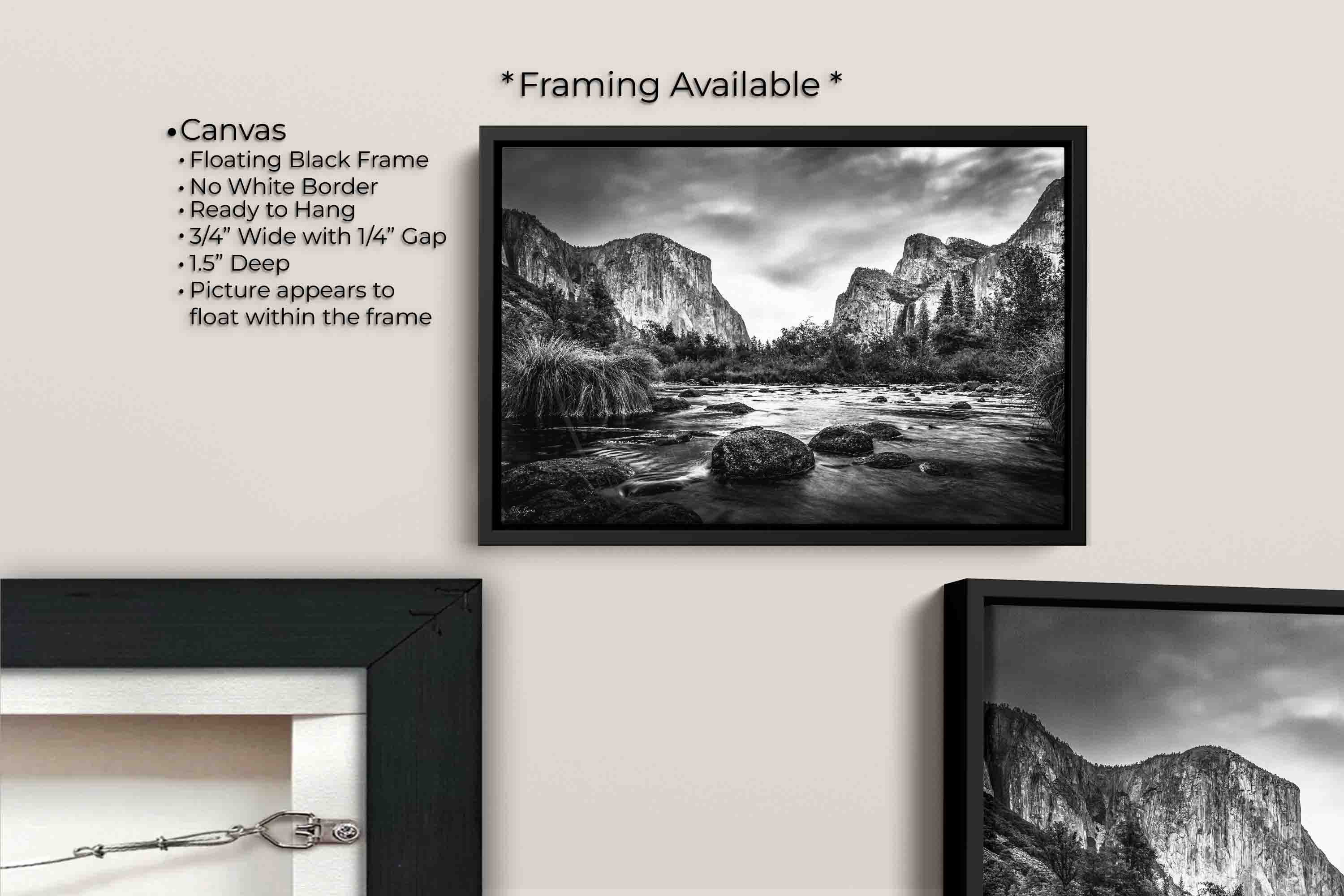 Yosemite National Park, El Capitan black and white fine art print canvas wall art in black float frame, canvas framing option details