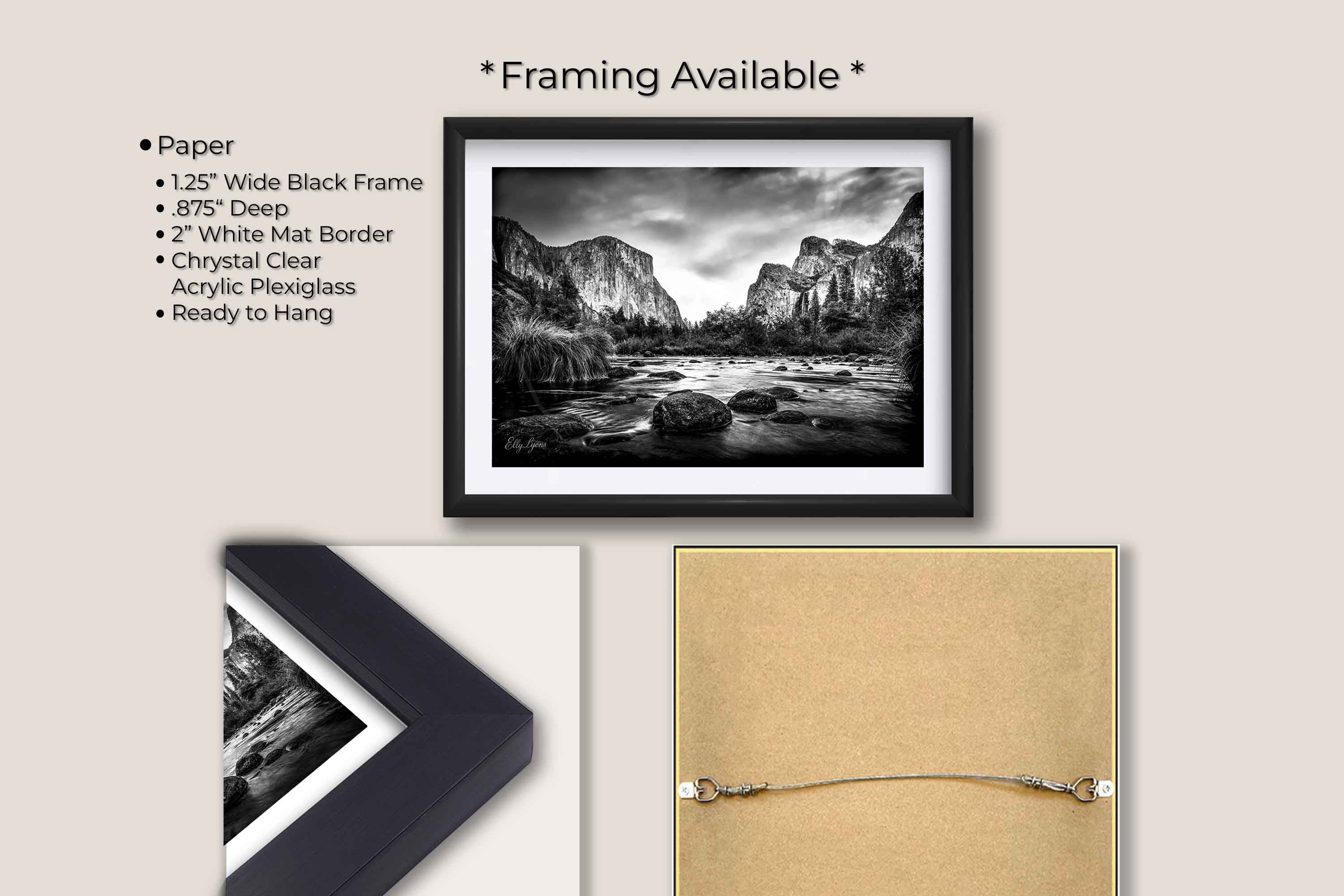 Yosemite National Park, El Capitan black and white fine art print in black frame with white mat, paper and framing option details