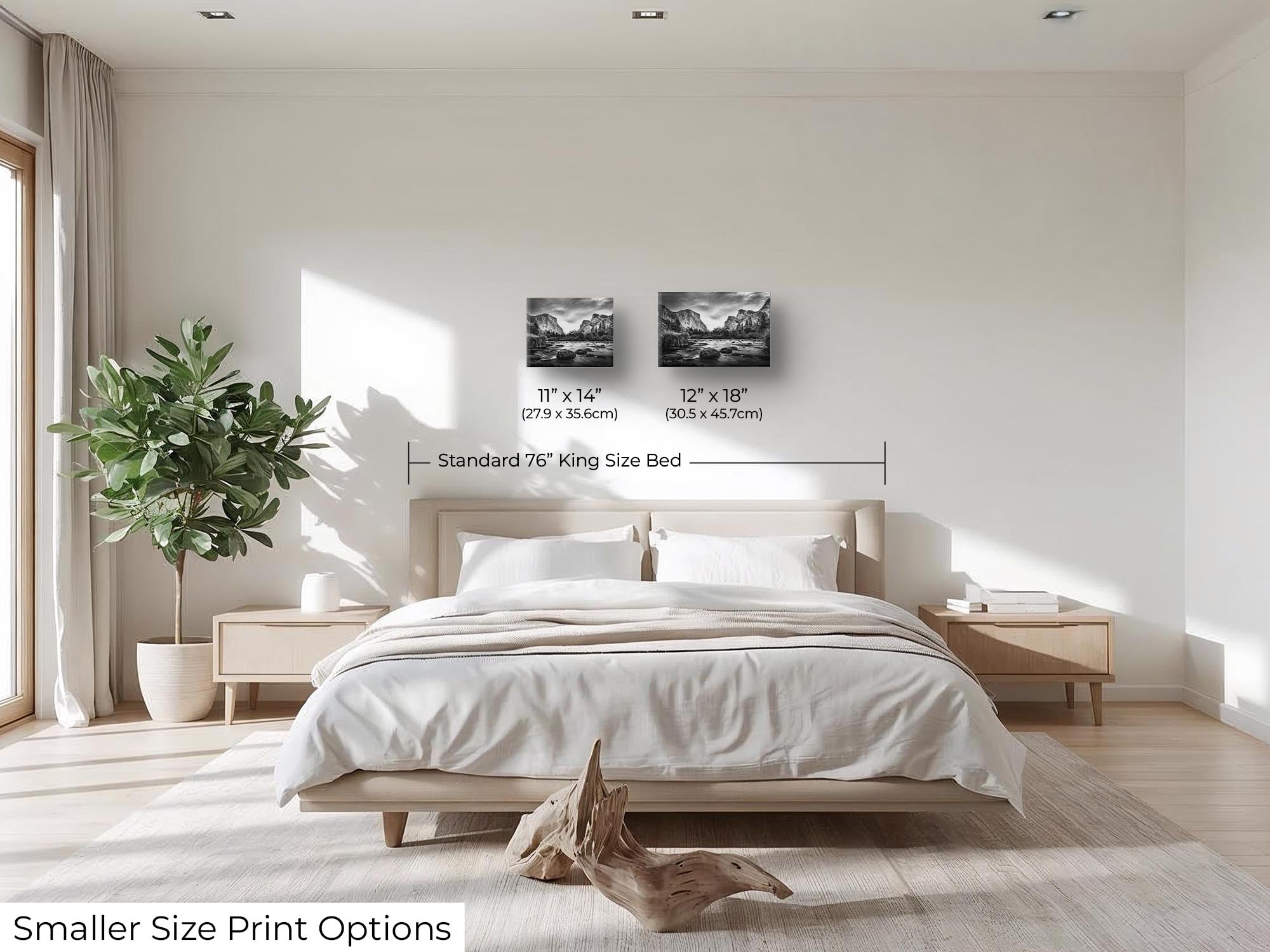 Yosemite National Park, El Capitan black and white fine art print wall art size mockup showing 11x14 and 12x18 inch prints above a king size bed 