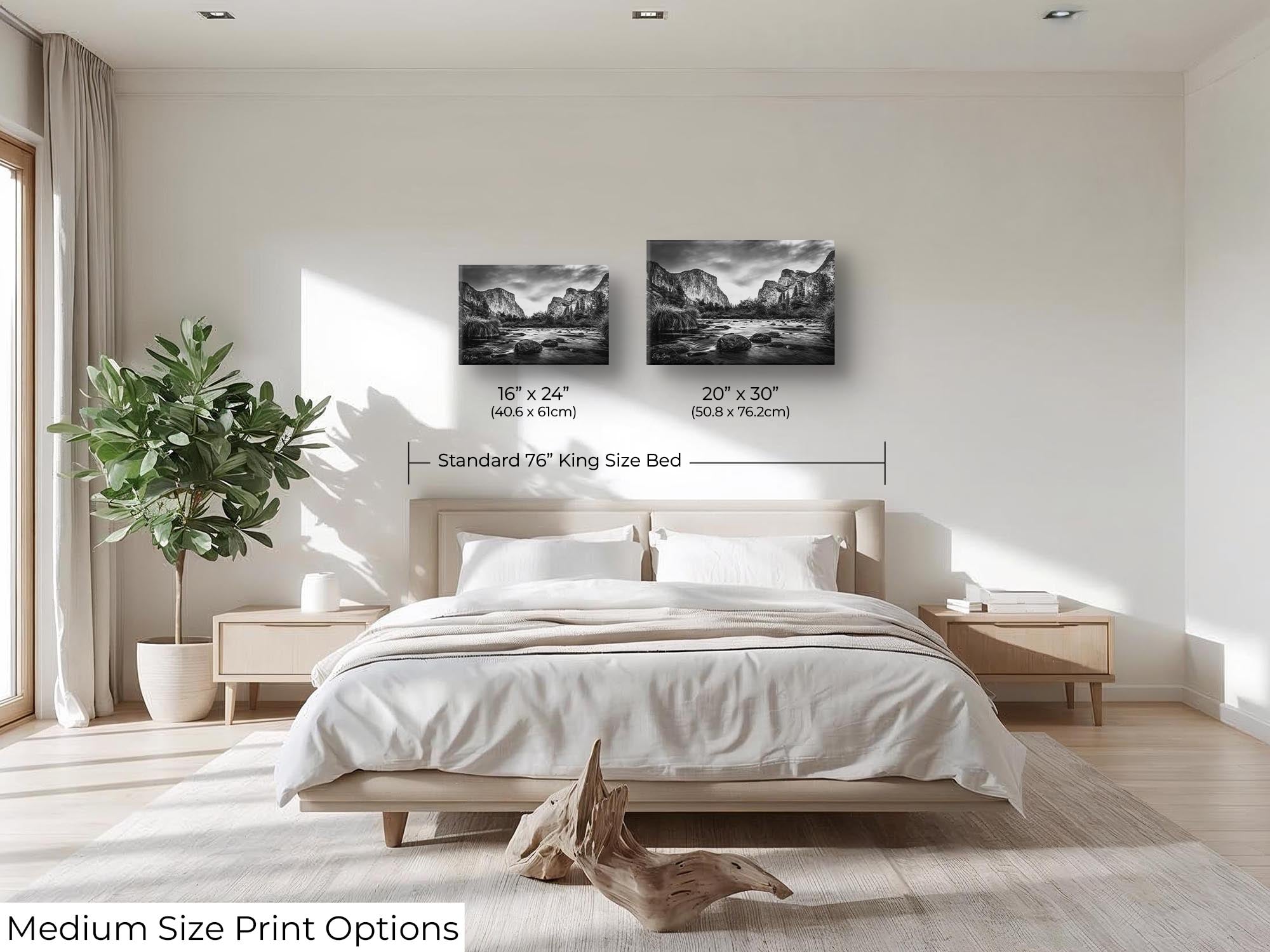 Yosemite National Park, El Capitan black and white fine art print wall art size mockup showing 16x24 and 20x30 inch prints above a king size bed 