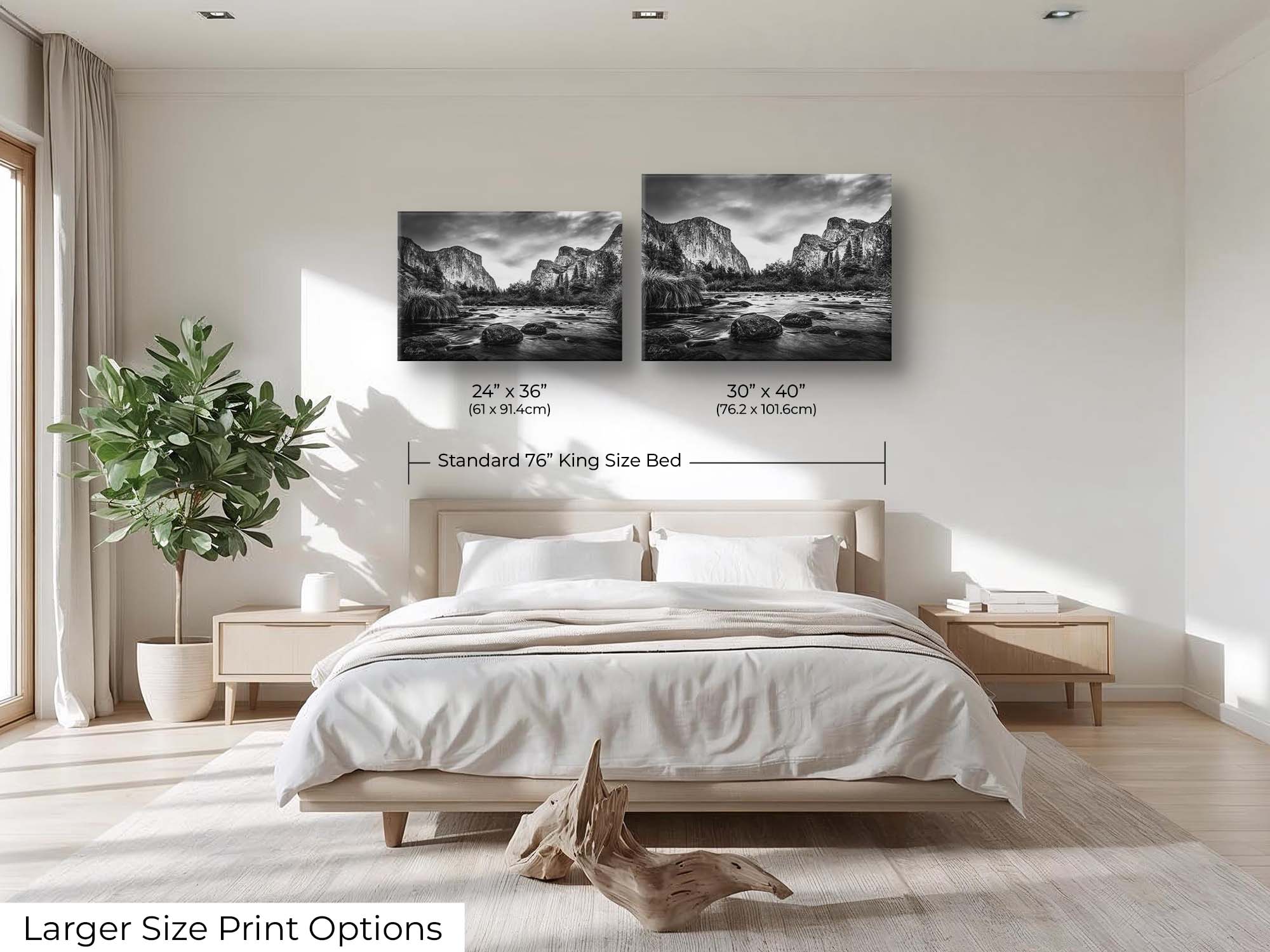 Yosemite National Park, El Capitan black and white fine art print wall art size mockup showing 24x36 and 30x40 inch prints above a king size bed 