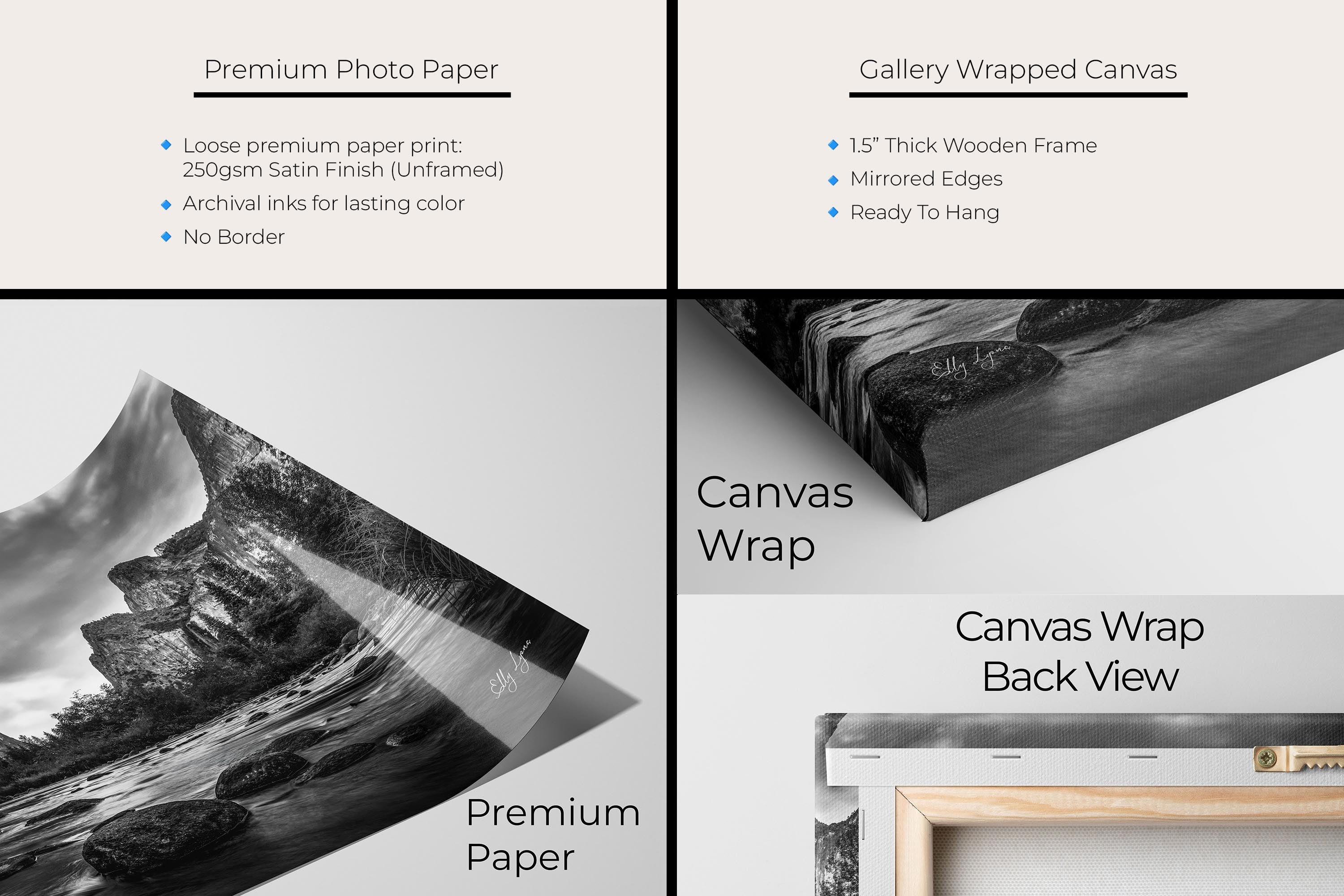 Yosemite National Park, El Capitan black and white fine art print artwork materials mockup showing premium photo paper and gallery wrapped canvas close up