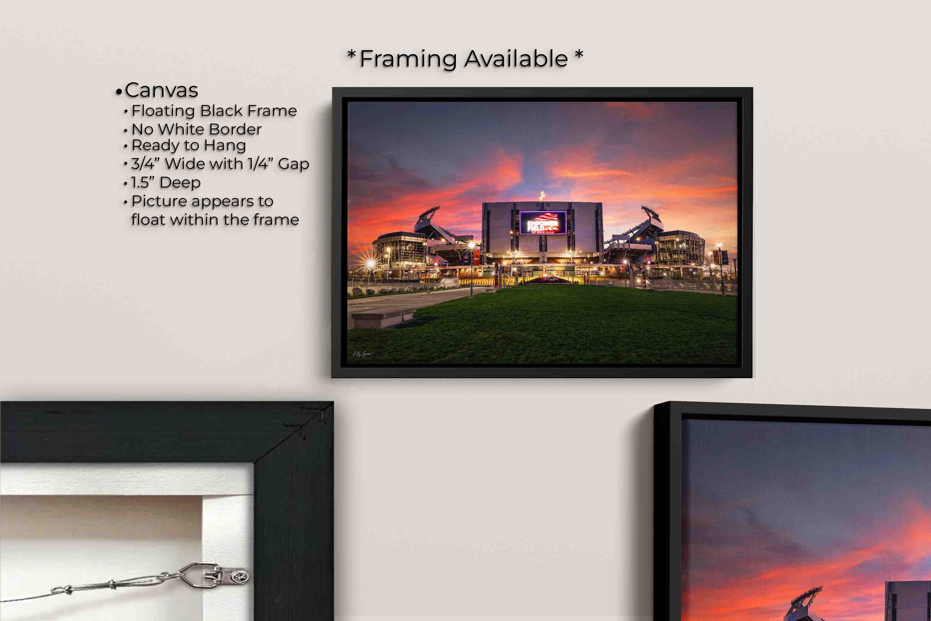 Empower Field Denver Broncos sunset fine art print canvas wall art in black float frame, canvas framing option details