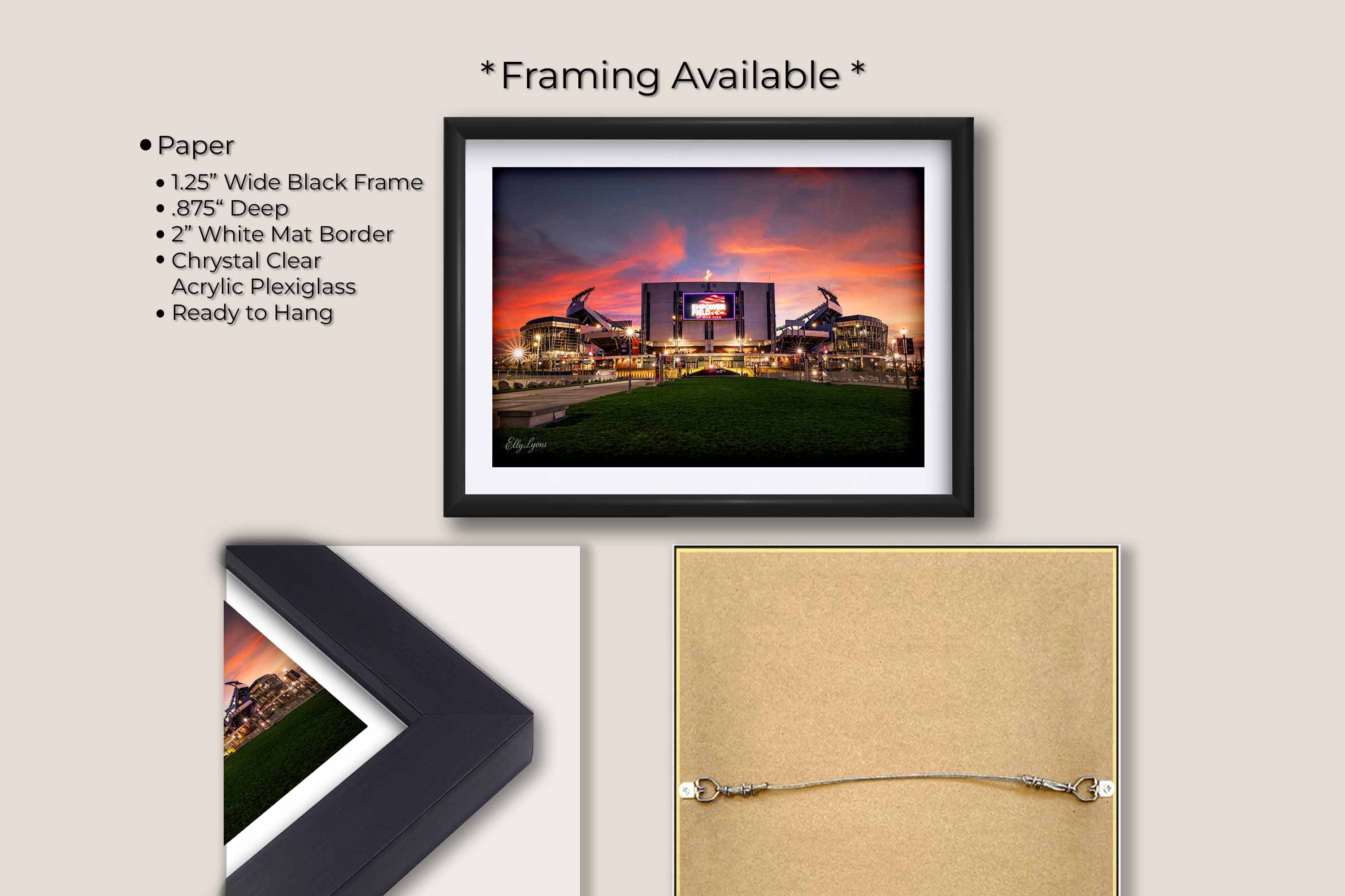 Empower Field Denver Broncos sunset fine art print in black frame with white mat, paper and framing option details