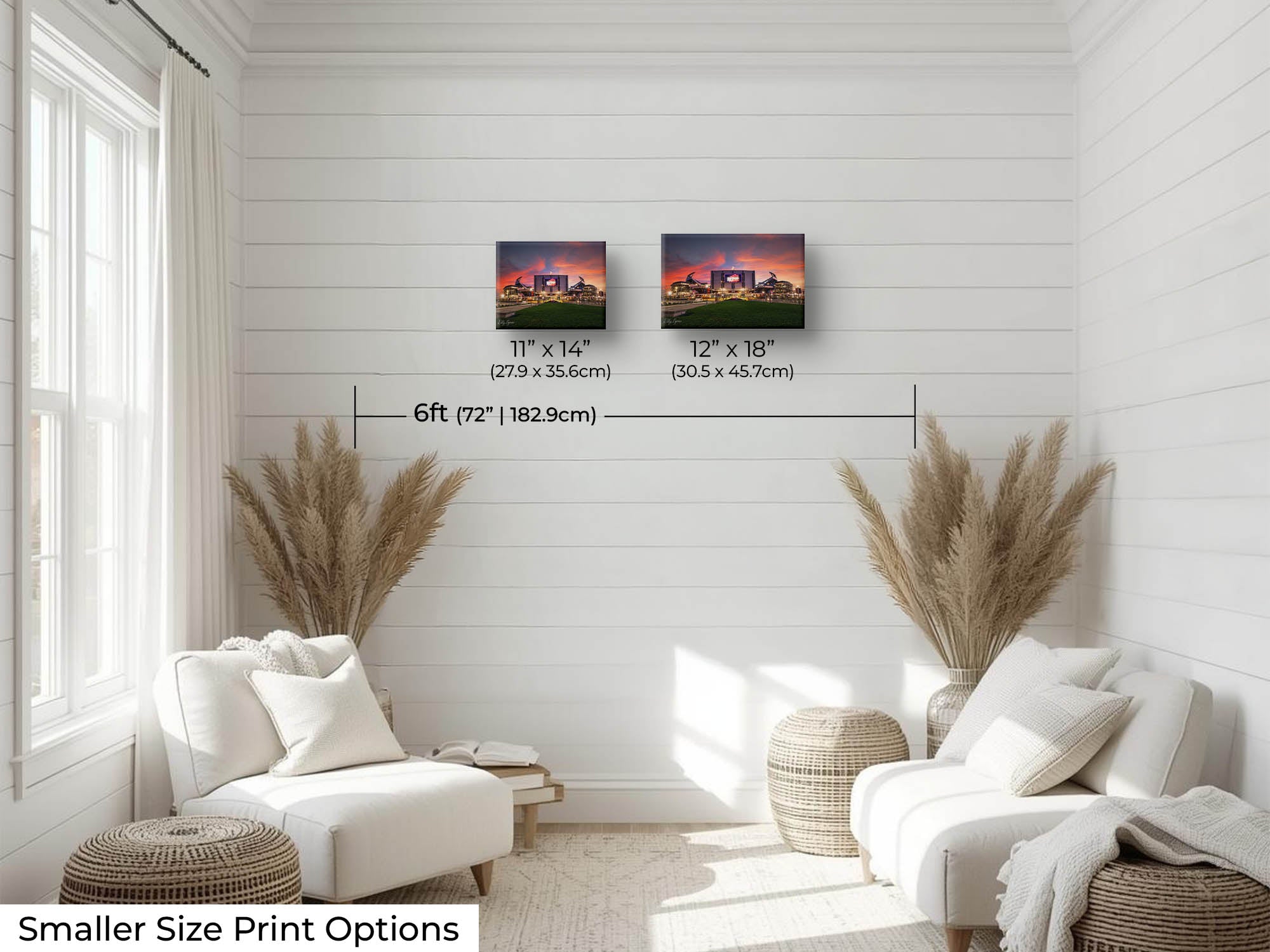 Empower Field Denver Broncos sunset fine art print wall art size mockup showing 11x14 and 12x18 inch prints above a reading chair by a six foot wall