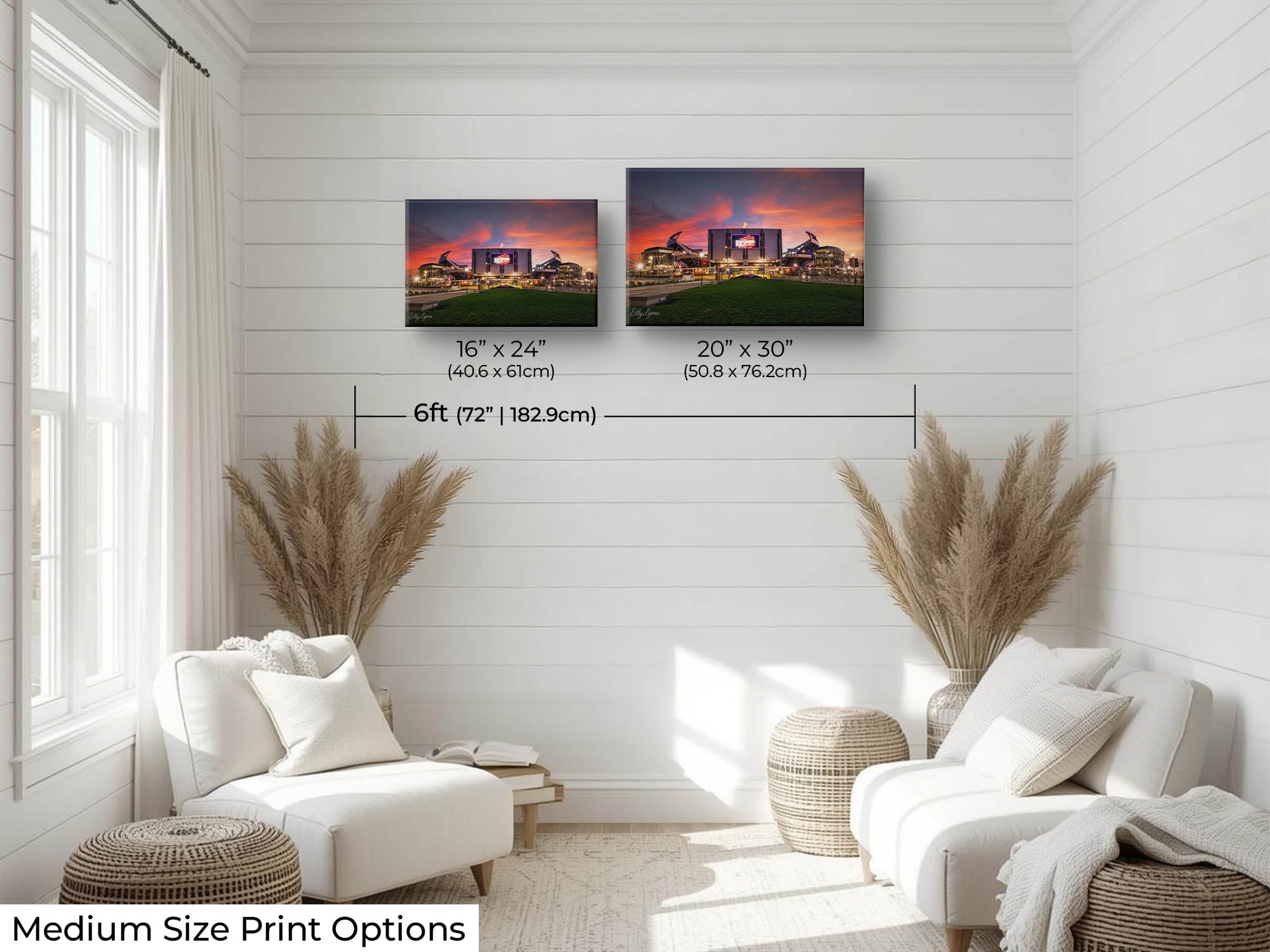 Empower Field Denver Broncos sunset fine art print wall art size mockup showing 16x24 and 20x30 inch prints above a reading chair by a six foot wall