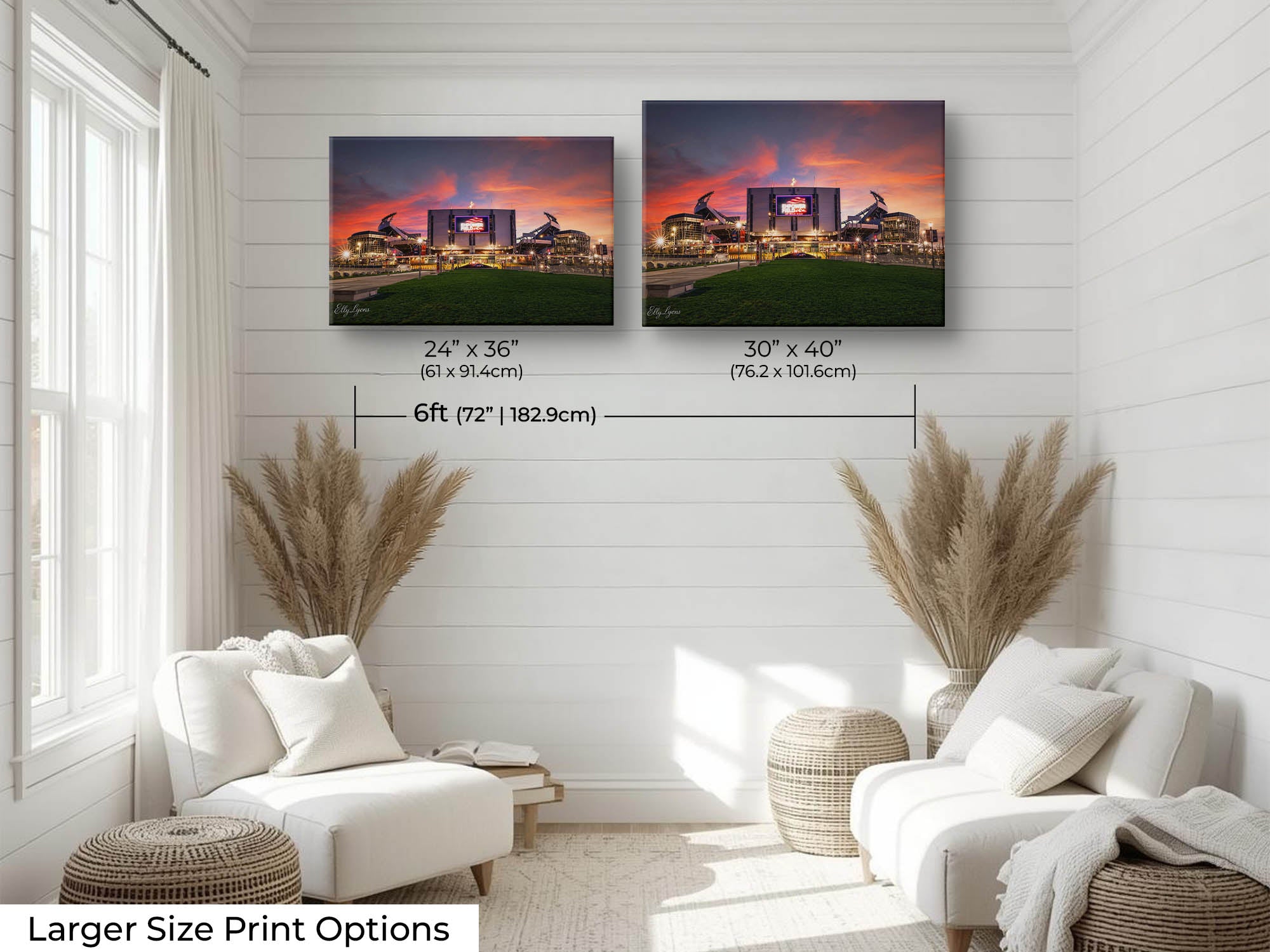 Empower Field Denver Broncos sunset fine art print wall art size mockup showing 24x36 and 30x40 inch prints above a reading chair by a six foot wall