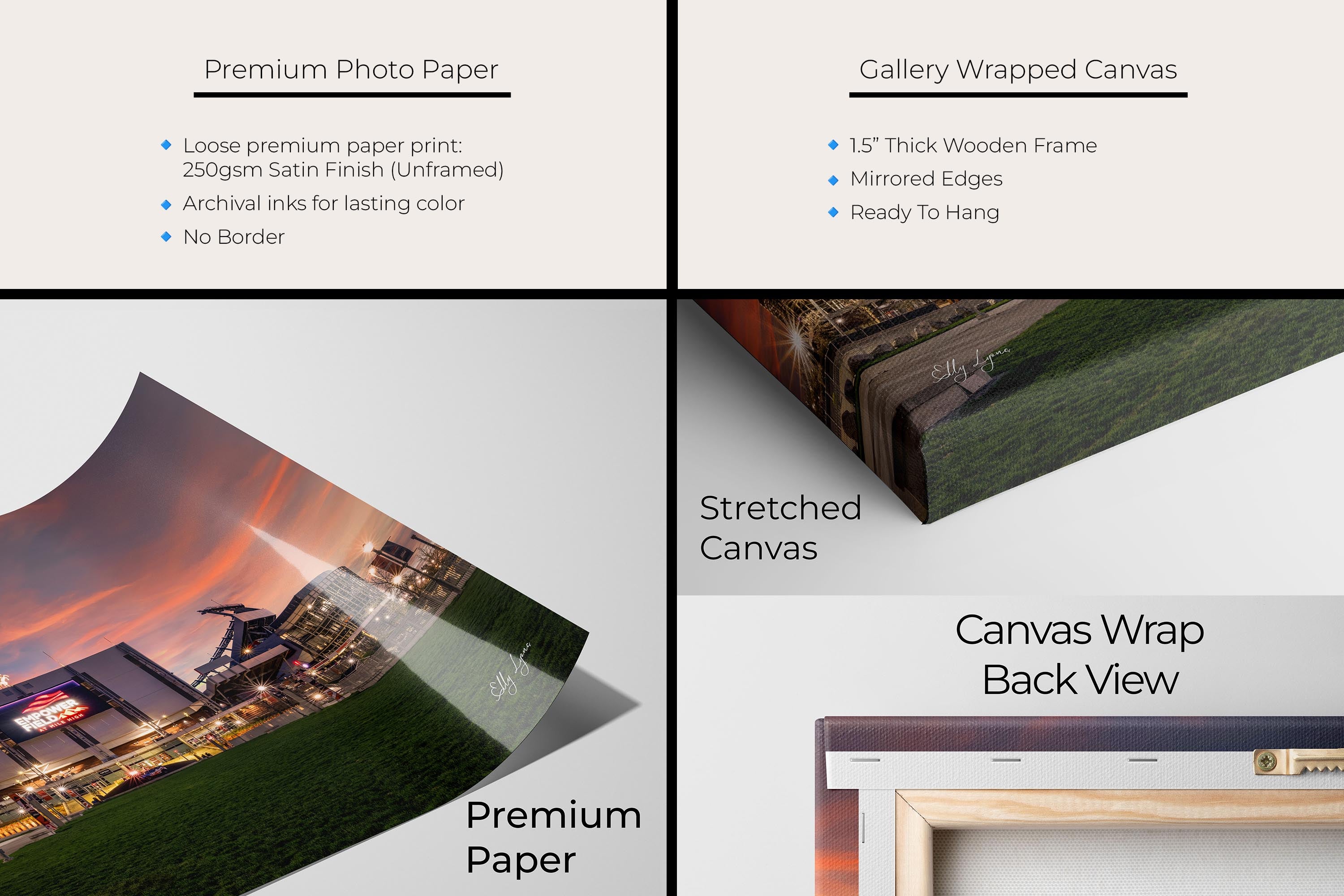 Empower Field Denver Broncos sunset fine art print artwork materials mockup showing premium photo paper and gallery wrapped canvas close up