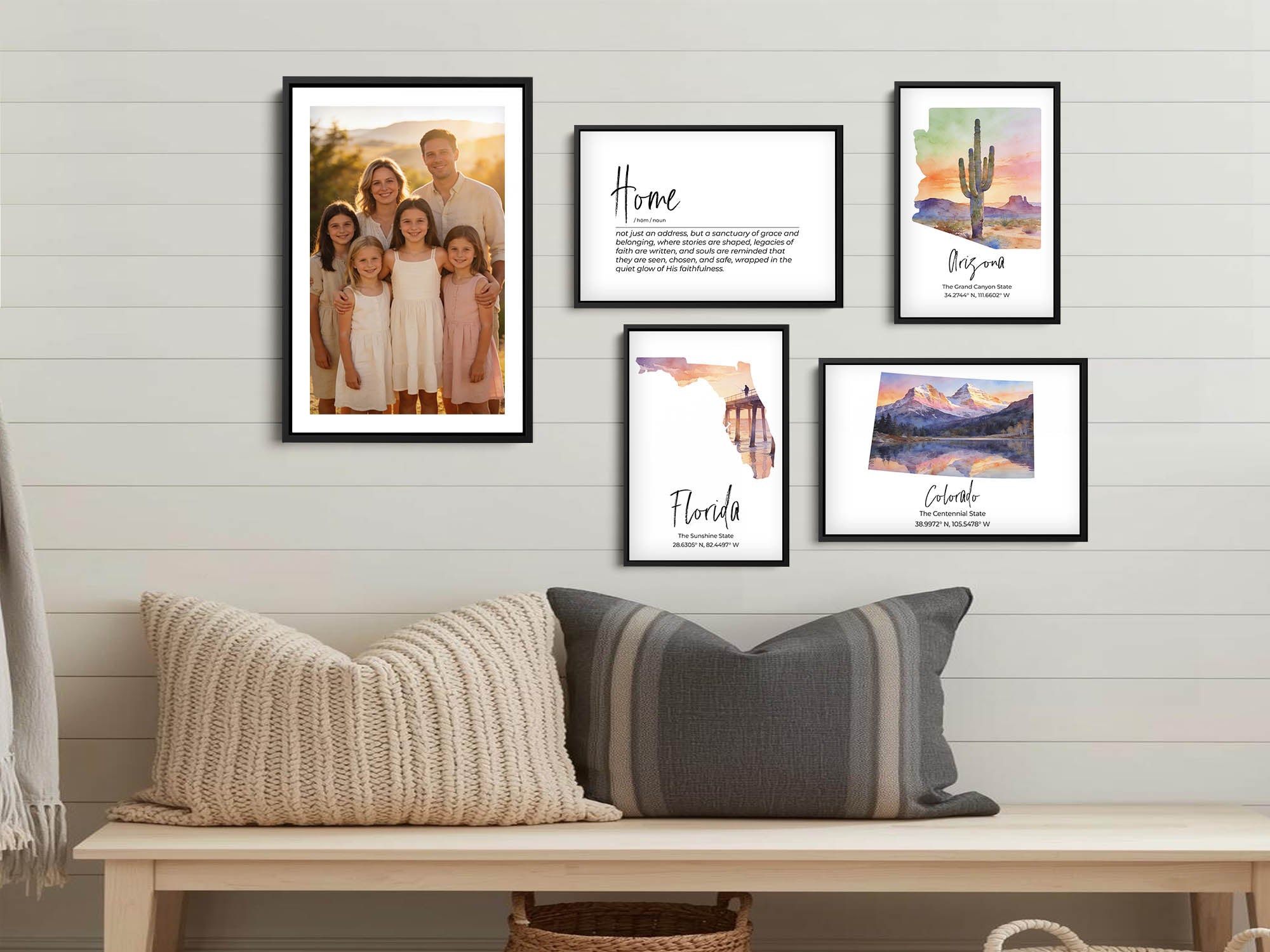 Florida watercolor state map with Venise Pier wall art print styled in a family gallery wall