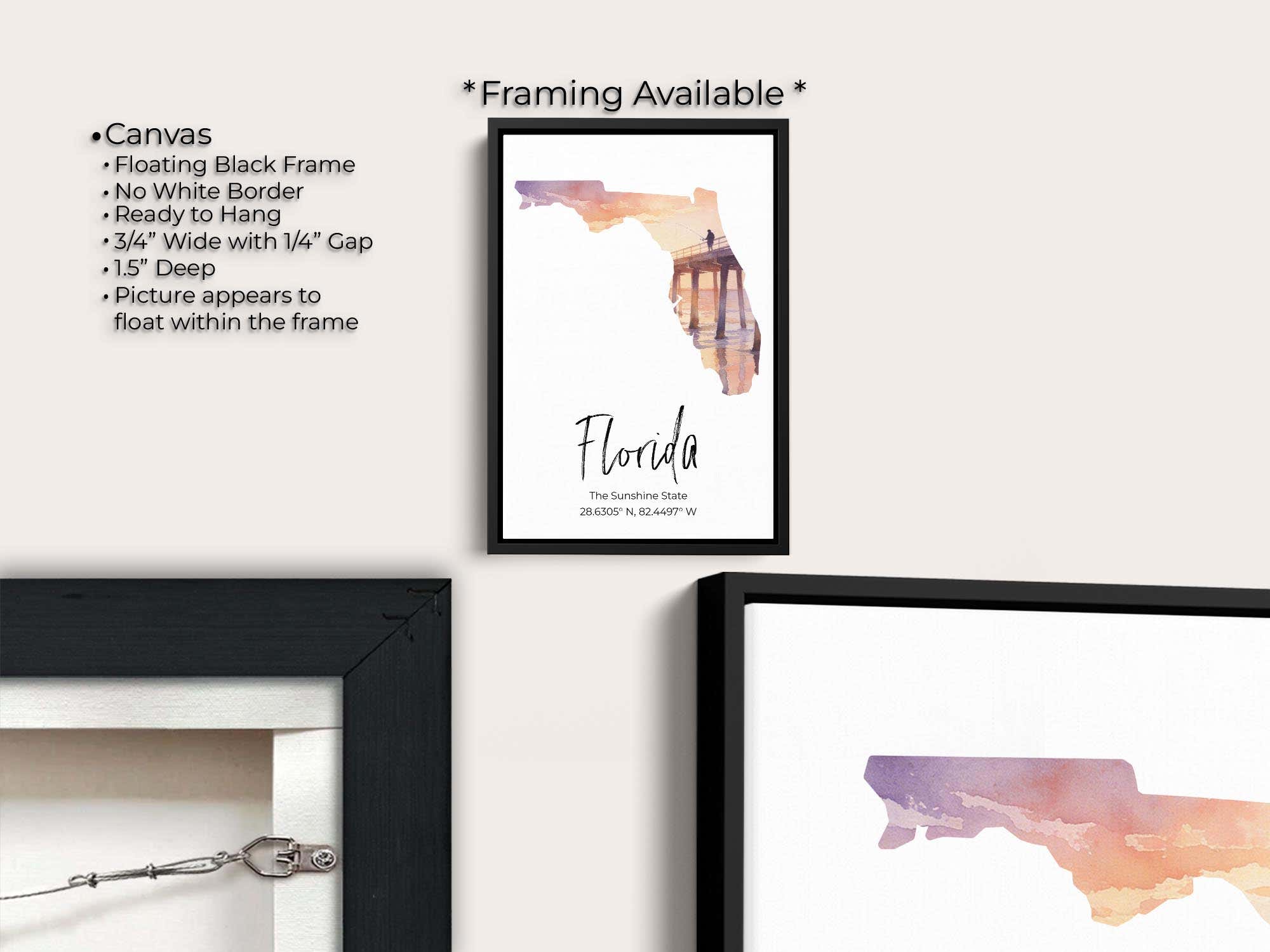 Florida watercolor state map with Venise Pier wall art print canvas wall art in black float frame, canvas framing option details