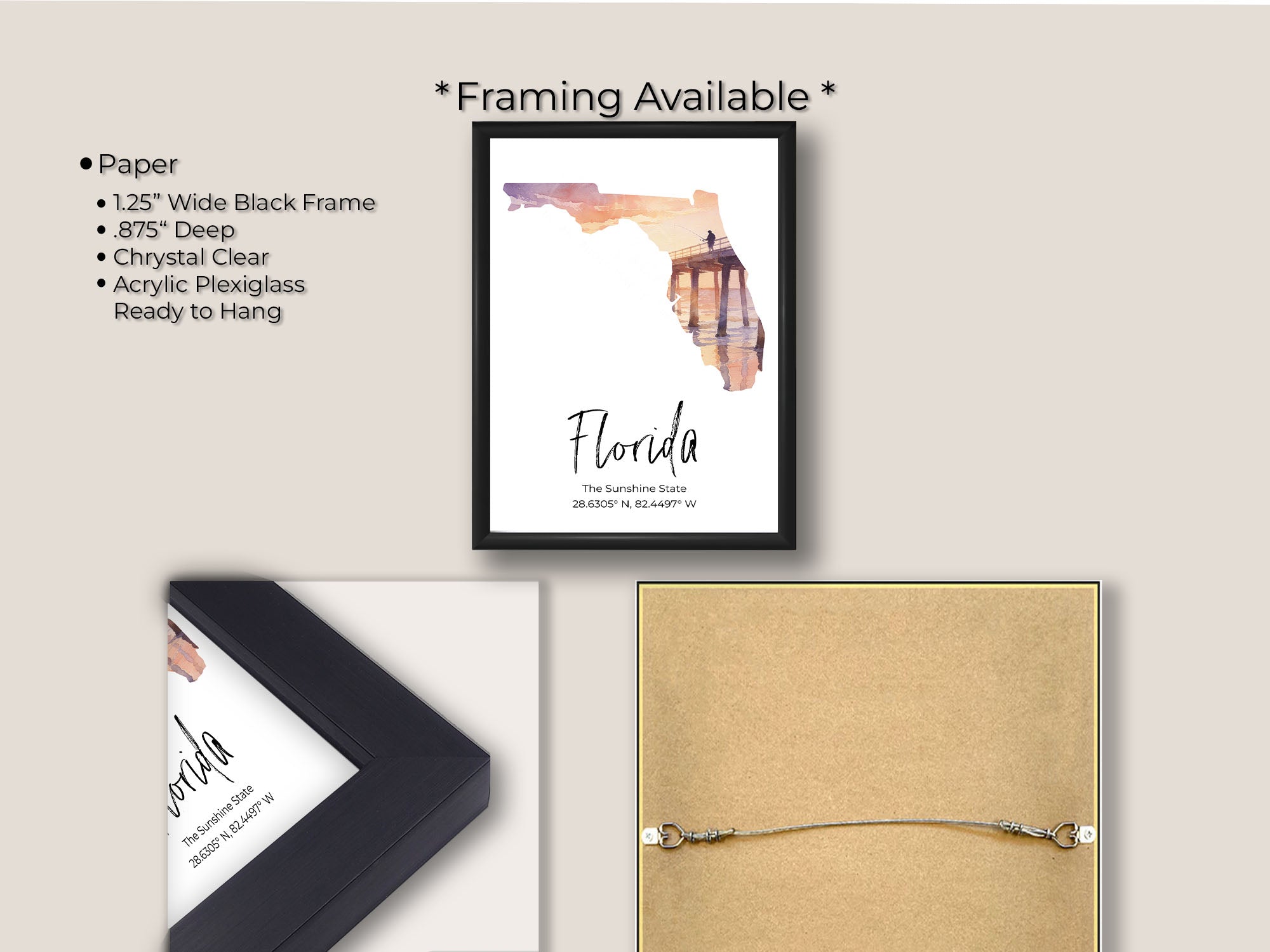 Florida watercolor state map with Venise Pier wall art print in black frame, paper and framing option details