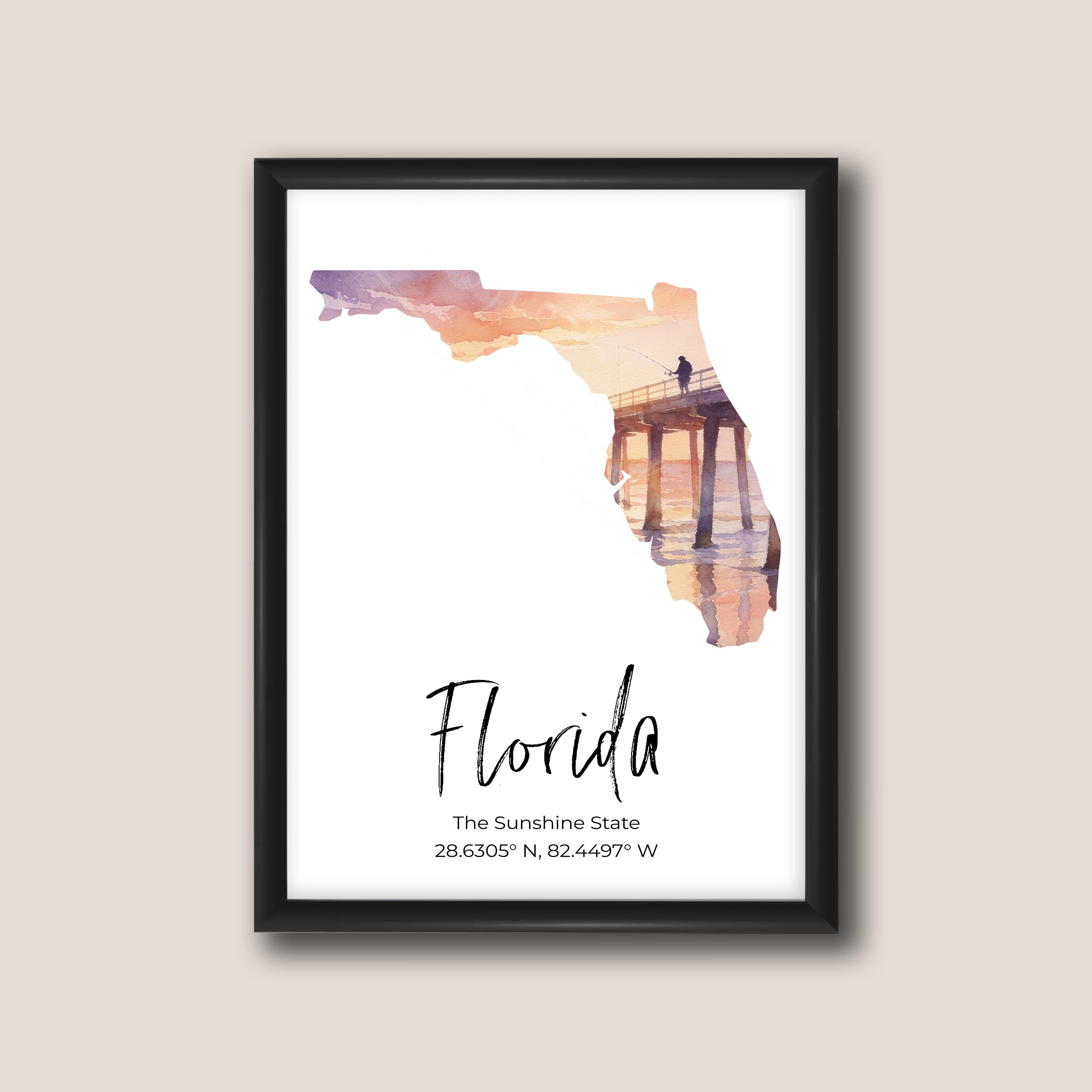 Florida watercolor state map with Venise Pier wall art print