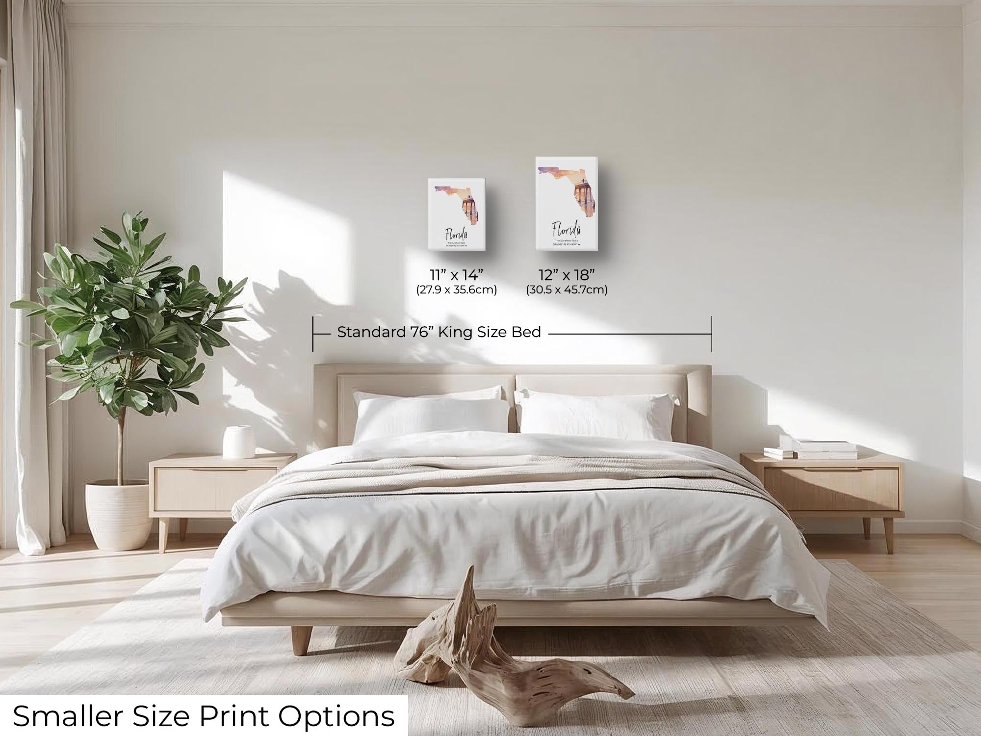 Florida watercolor state map with Venise Pier wall art print wall art size mockup showing 11x14 and 12x18 inch prints above a king size bed