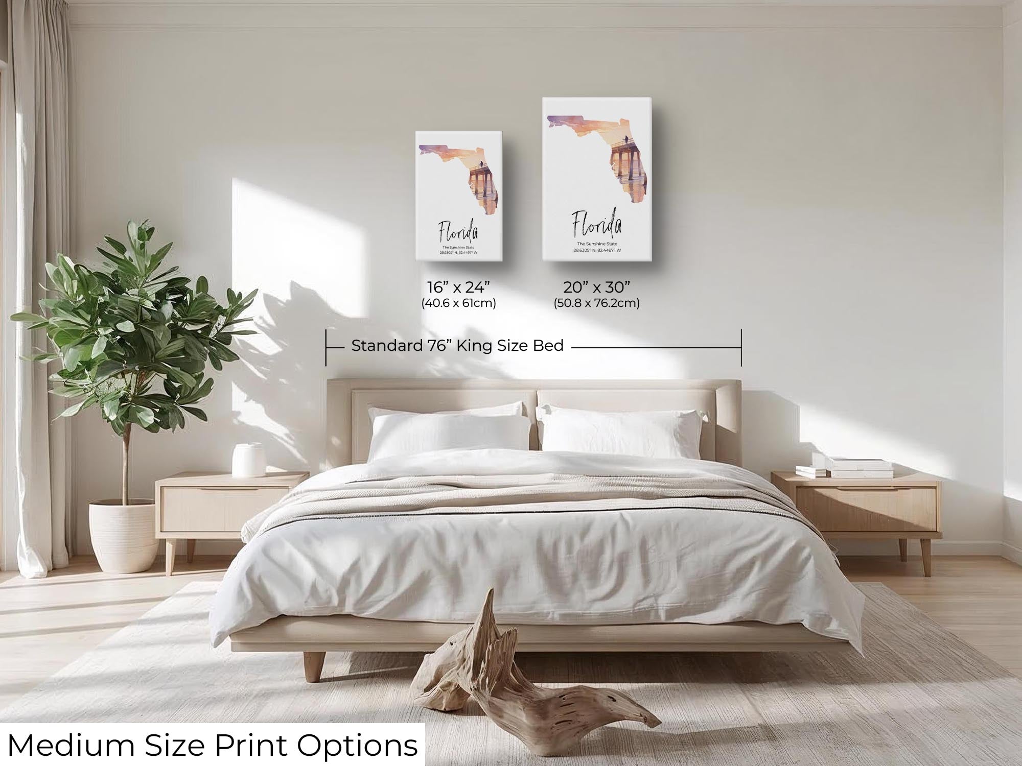 Florida watercolor state map with Venise Pier wall art print wall art size mockup showing 16x24 and 20x30 inch prints above a king size bed 
