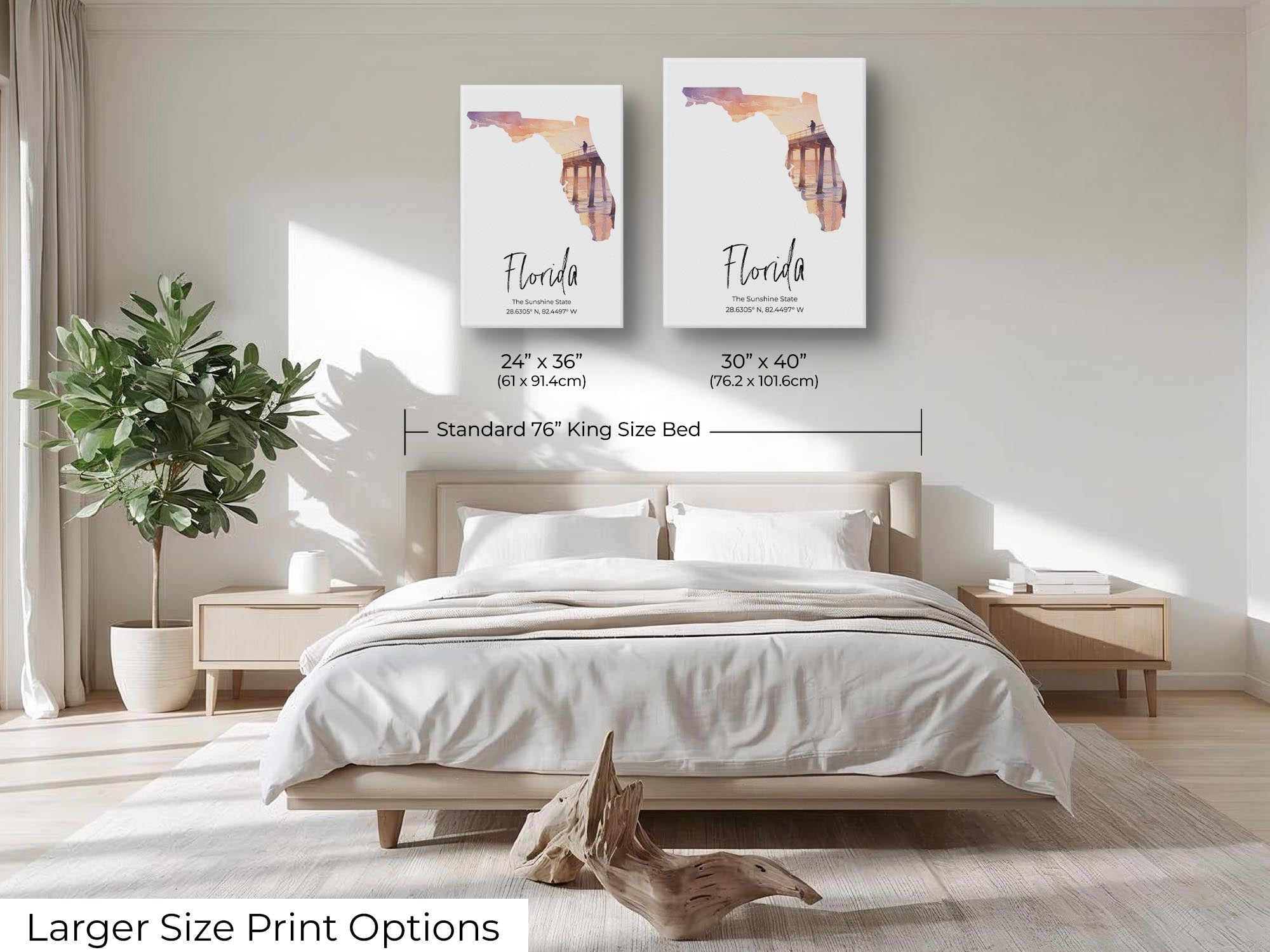 Florida watercolor state map with Venise Pier wall art print wall art size mockup showing 24x36 and 30x40 inch prints above a king size bed