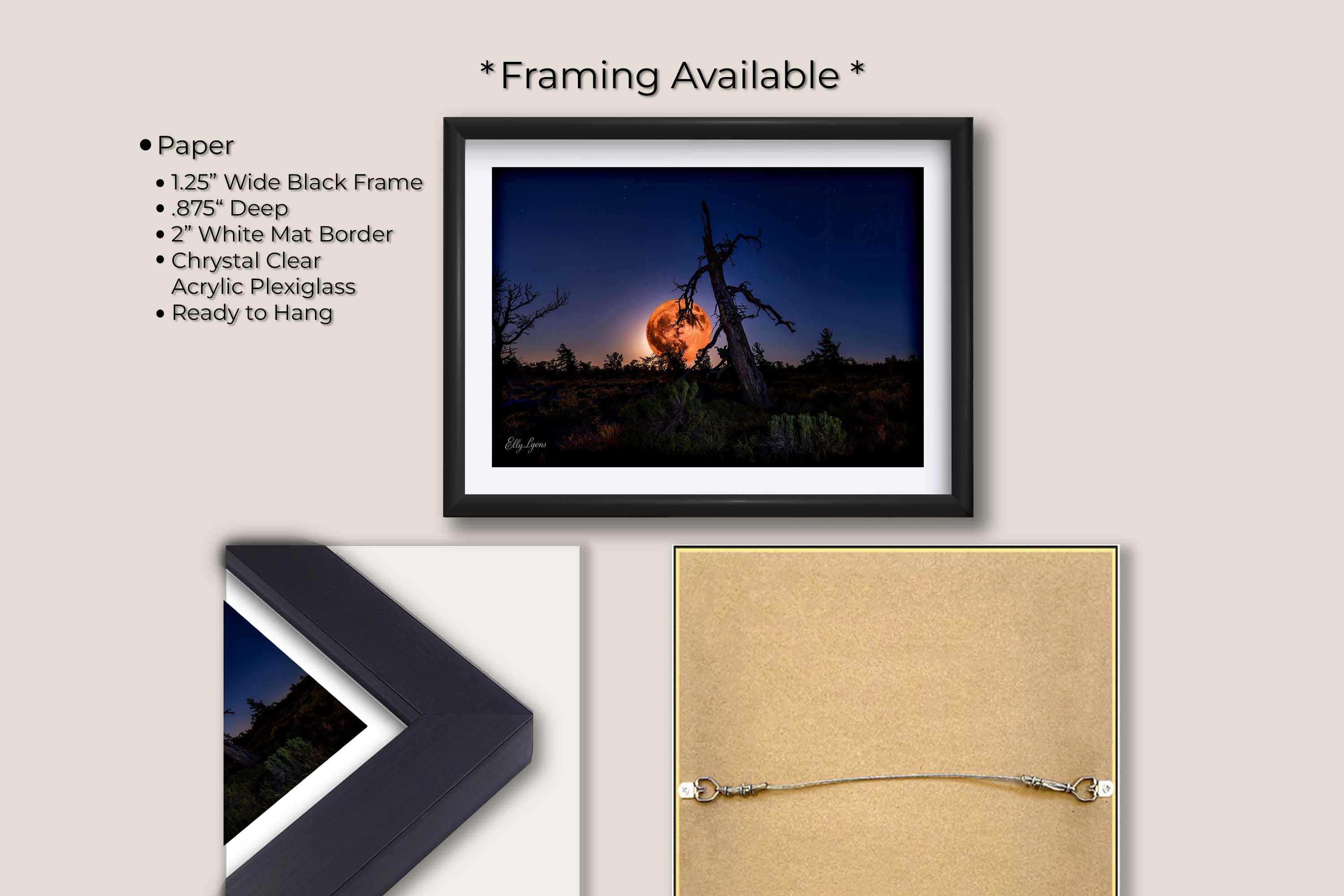 Strawberry full moon fine art print in black frame with white mat, paper and framing option details