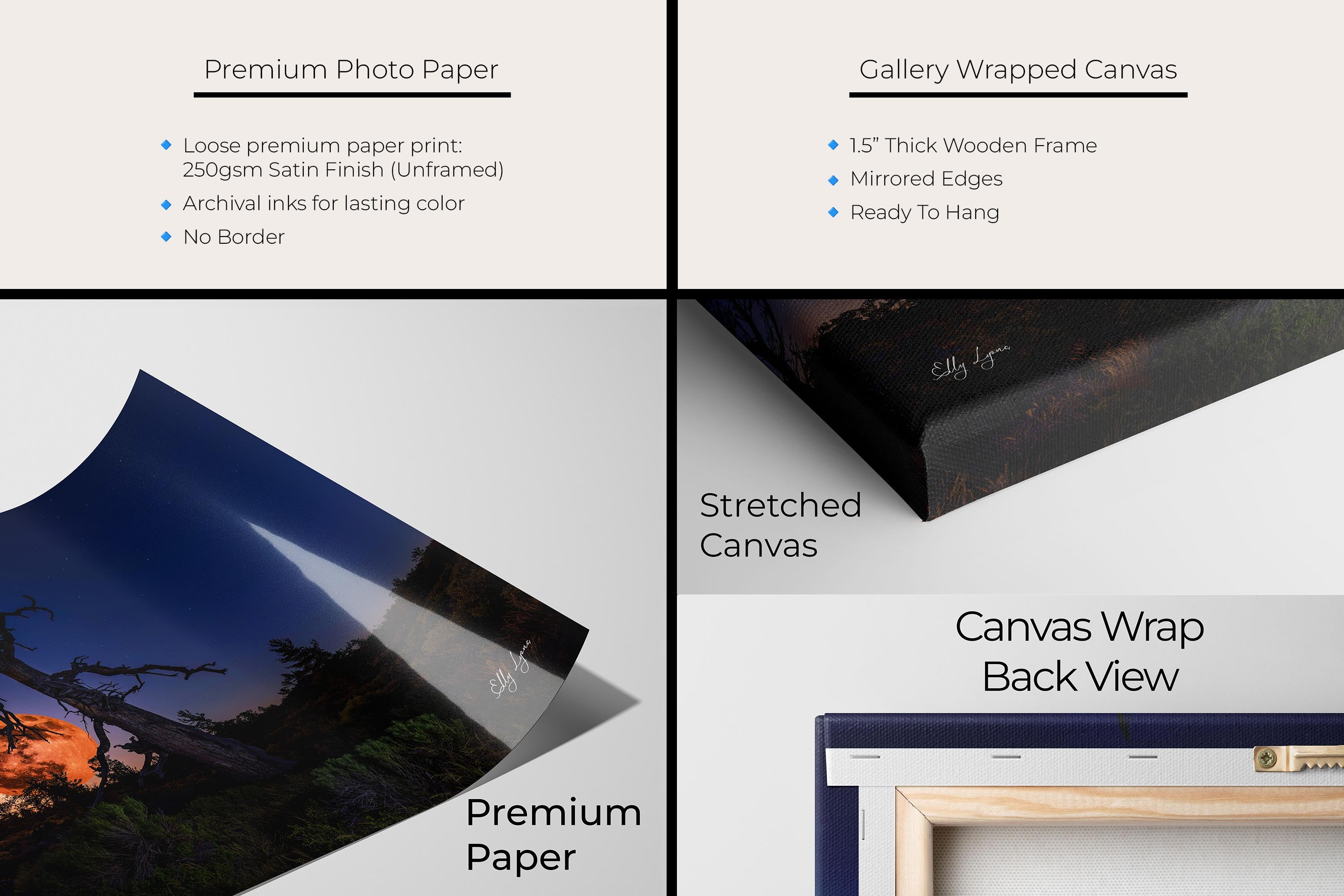 Strawberry full moon fine art print artwork materials mockup showing premium photo paper and gallery wrapped canvas close up