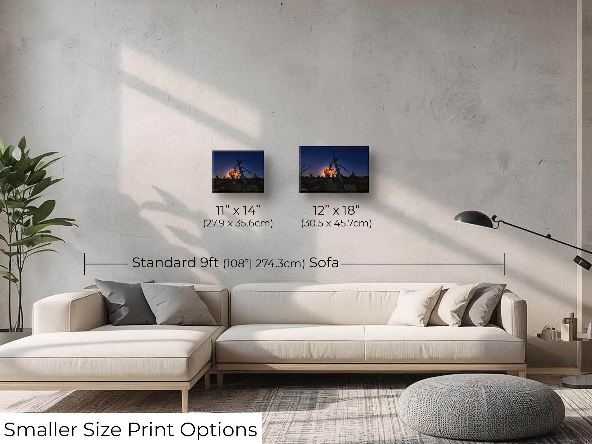 Strawberry full moon fine art print wall art size mockup showing 11x14 and 12x18 inch prints above a nine foot sofa 