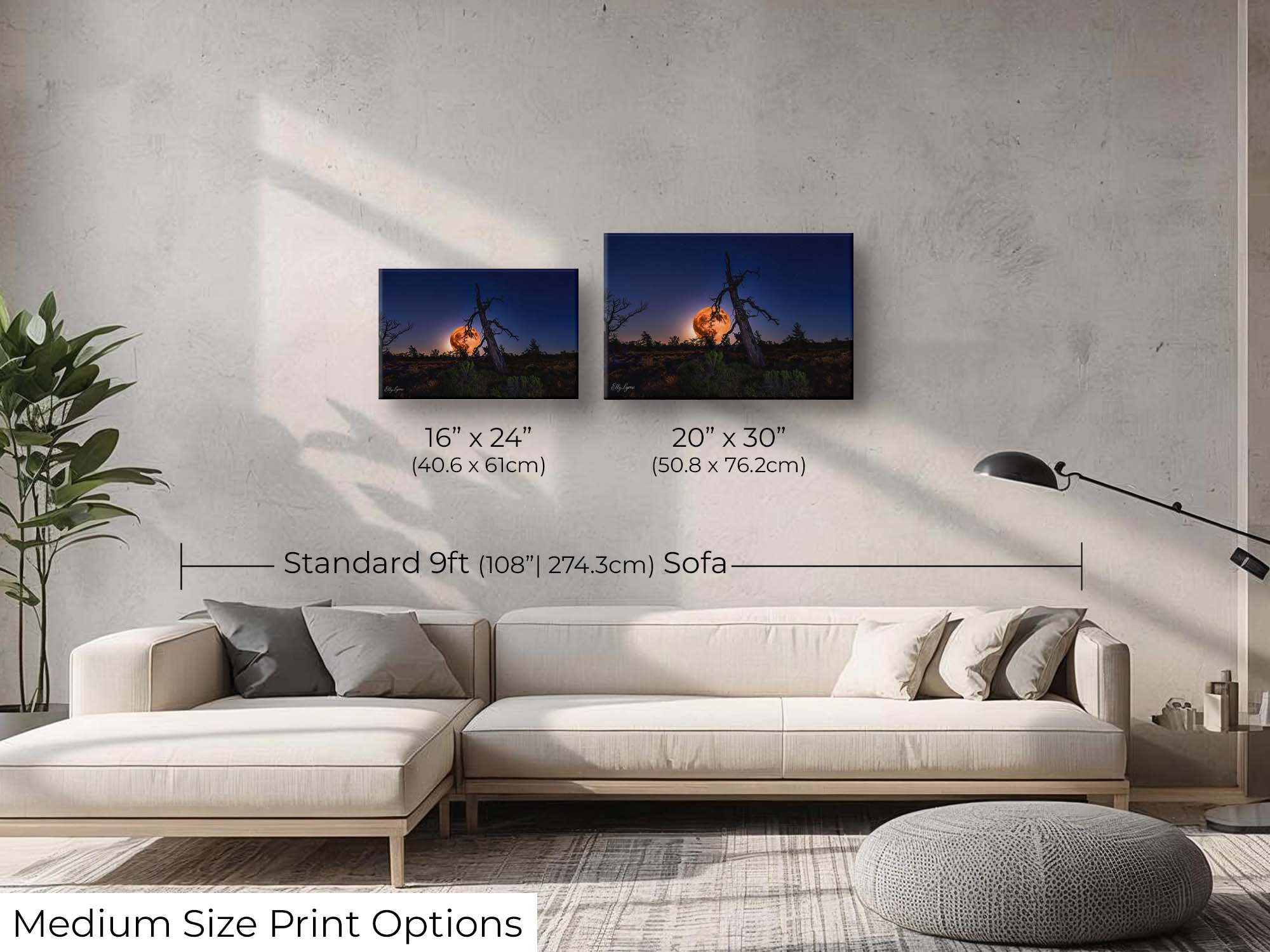 Strawberry full moon fine art print wall art size mockup showing 16x24 and 20x30 inch prints above a nine foot sofa 