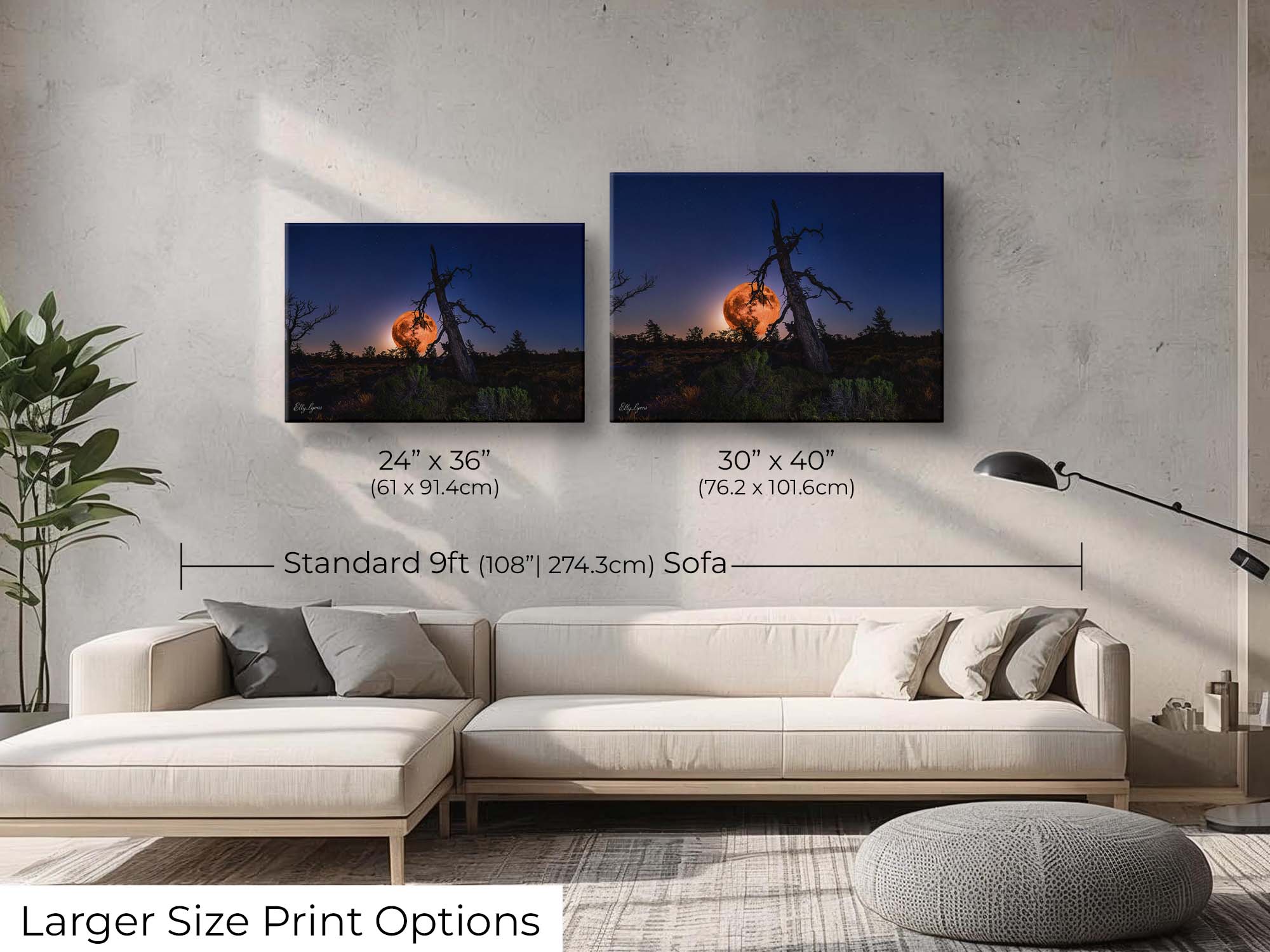 Strawberry full moon fine art print wall art size mockup showing 24x36 and 30x40 inch prints above a nine foot sofa 