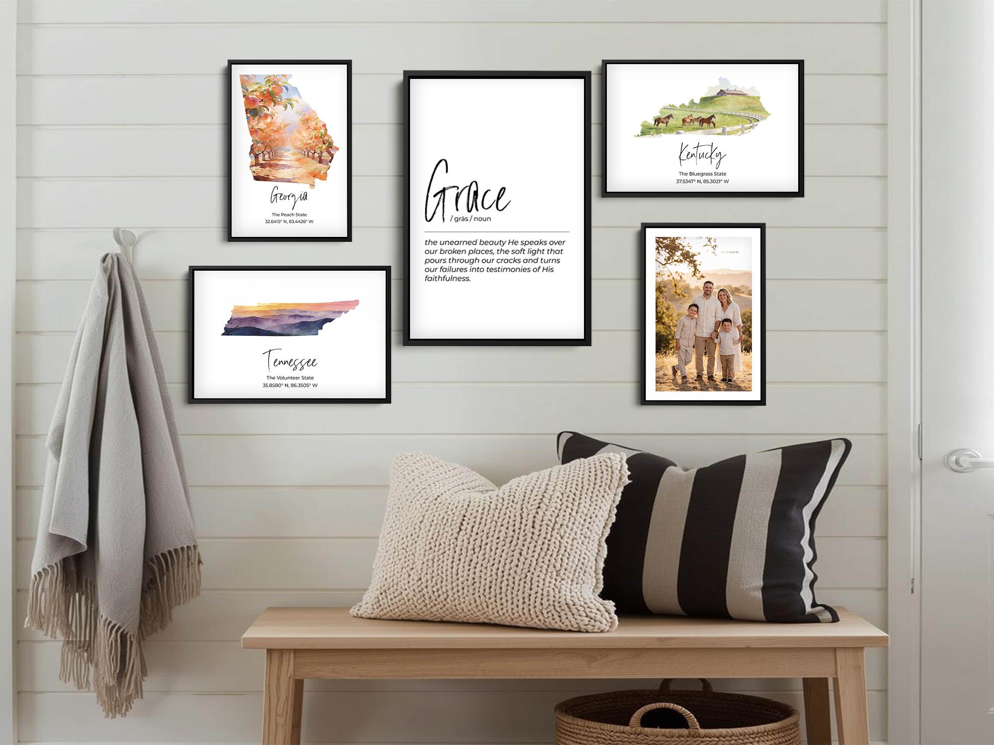 Georgia watercolor state map with a peach tree orchard wall art print styled in a family gallery wall