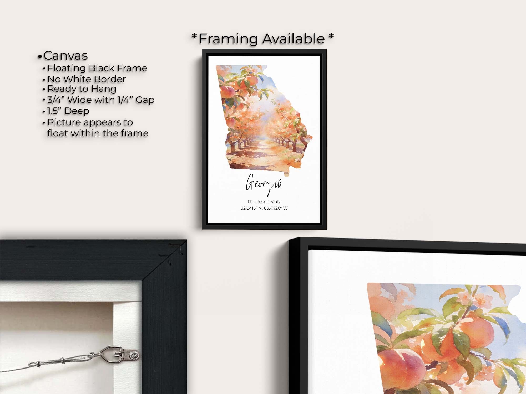 Georgia watercolor state map with a peach tree orchard wall art print canvas wall art in black float frame, canvas framing option details