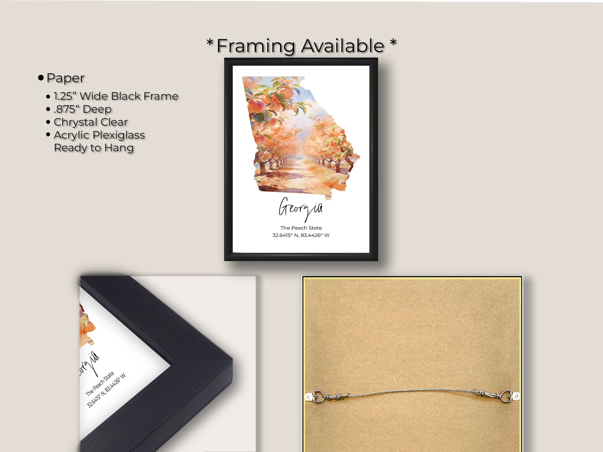 Georgia watercolor state map with a peach tree orchard wall art print in black frame, paper and framing option details
