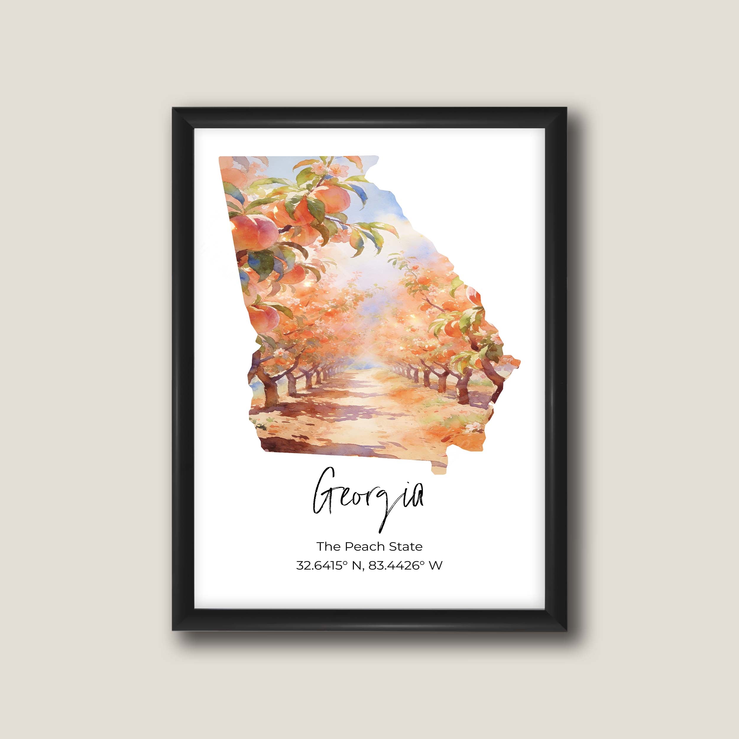 Georgia watercolor state map with a peach tree orchard wall art print