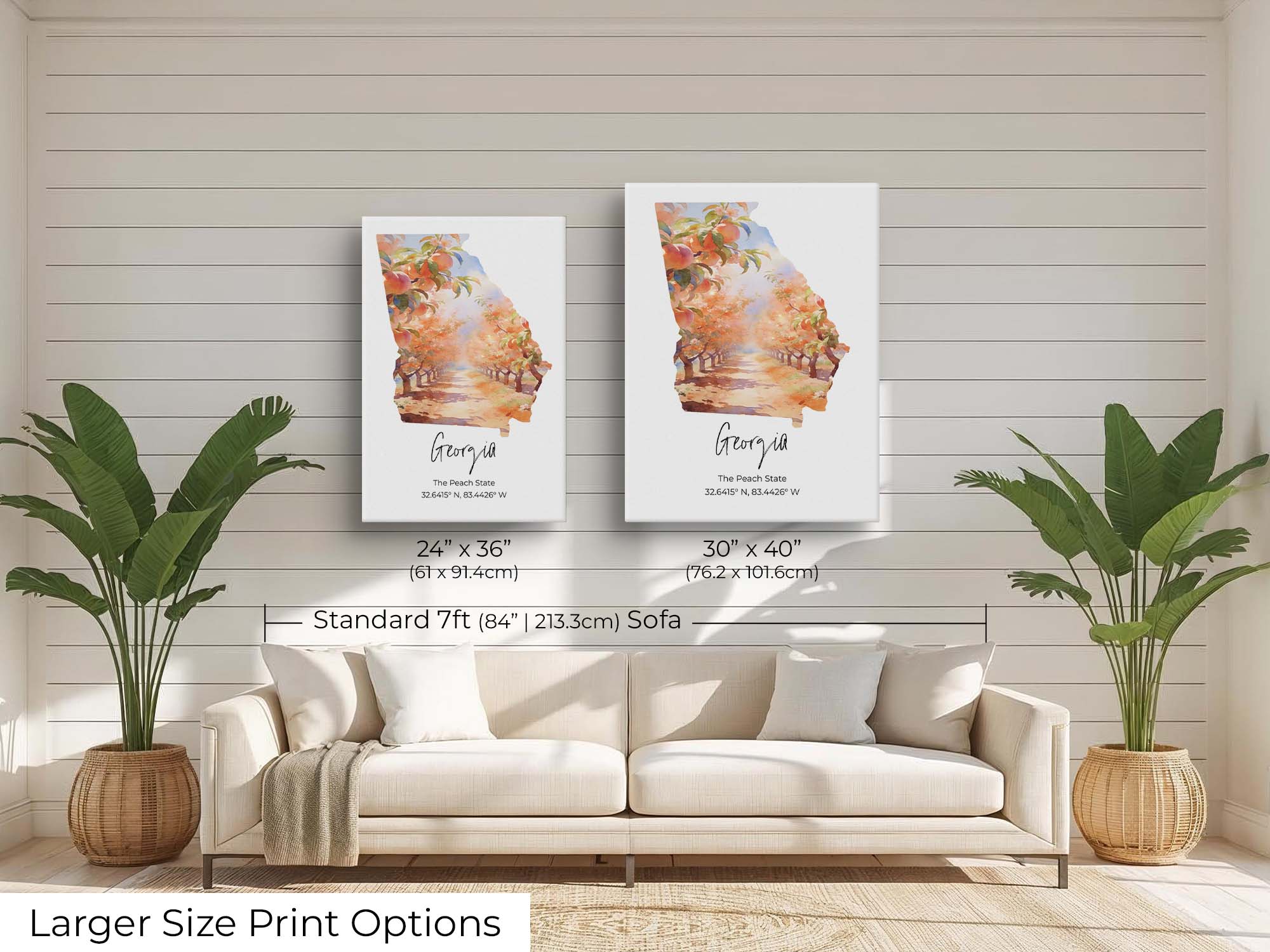 Georgia watercolor state map with a peach tree orchard wall art print wall art size mockup showing 24x36 and 30x40 inch prints above a seven foot sofa 