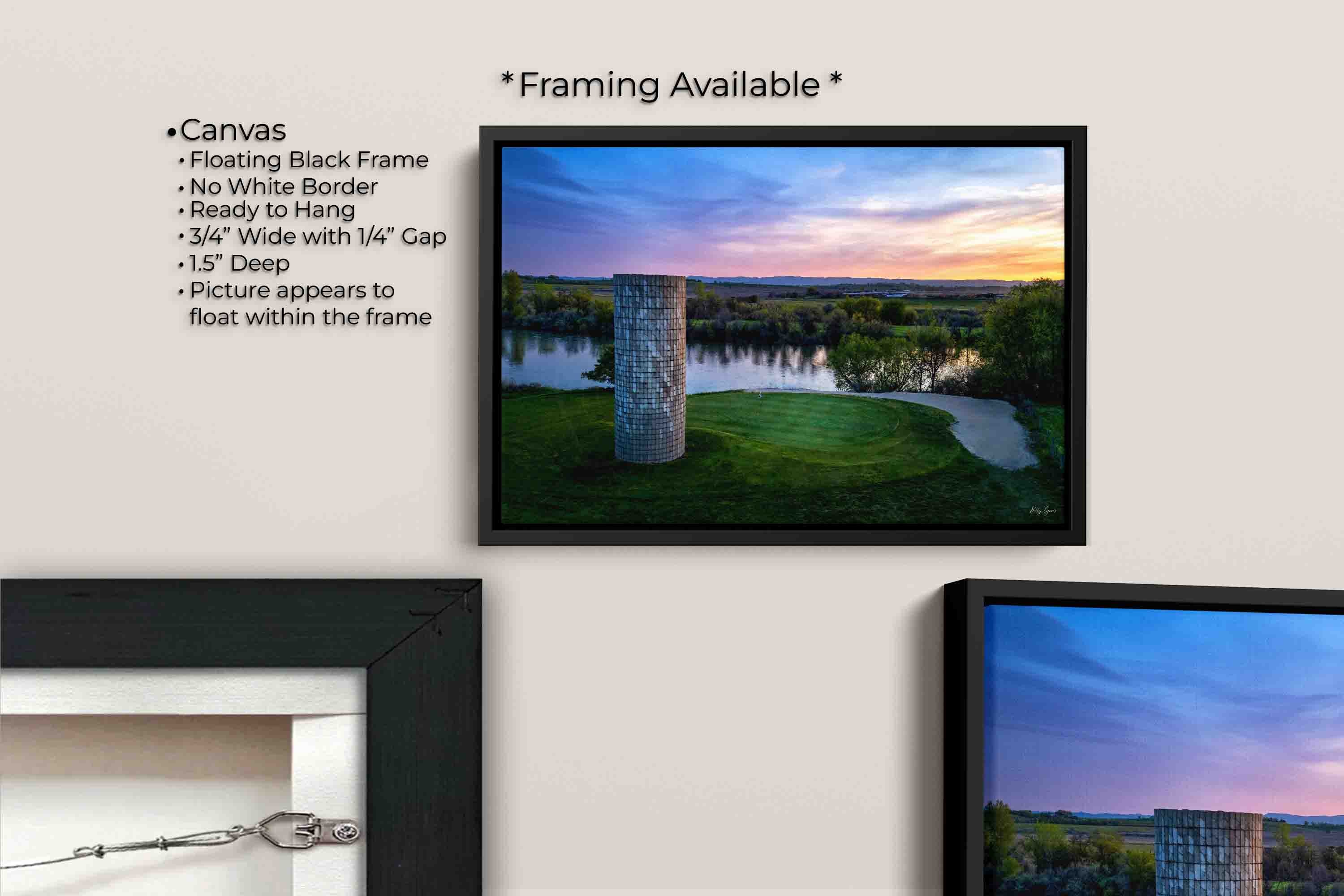 Riverbend Golf Club in Idaho, silo green sunset by the river fine art print canvas wall art in black float frame, canvas framing option details