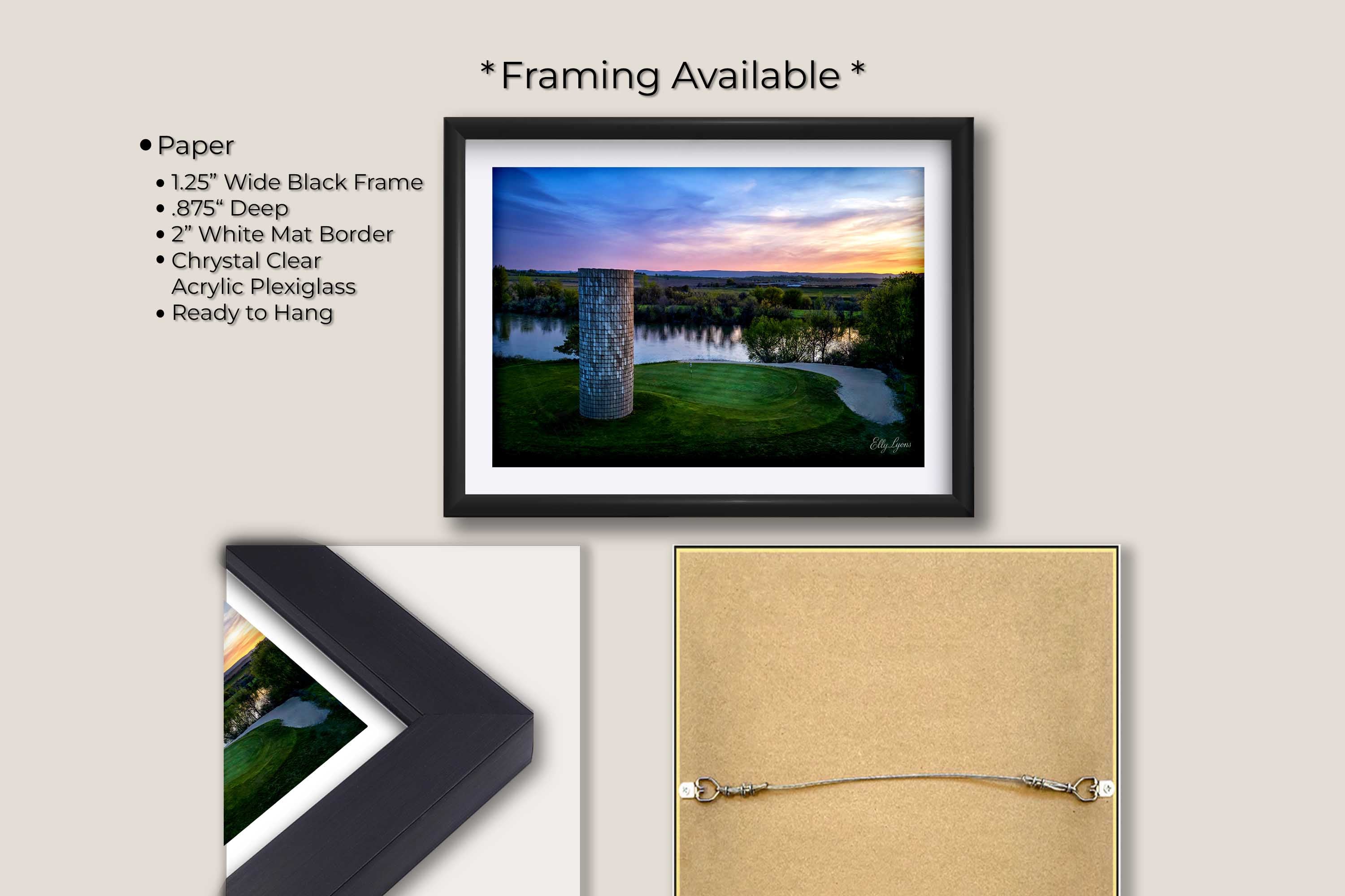 Riverbend Golf Club in Idaho, silo green sunset by the river fine art print in black frame with white mat, paper and framing option details