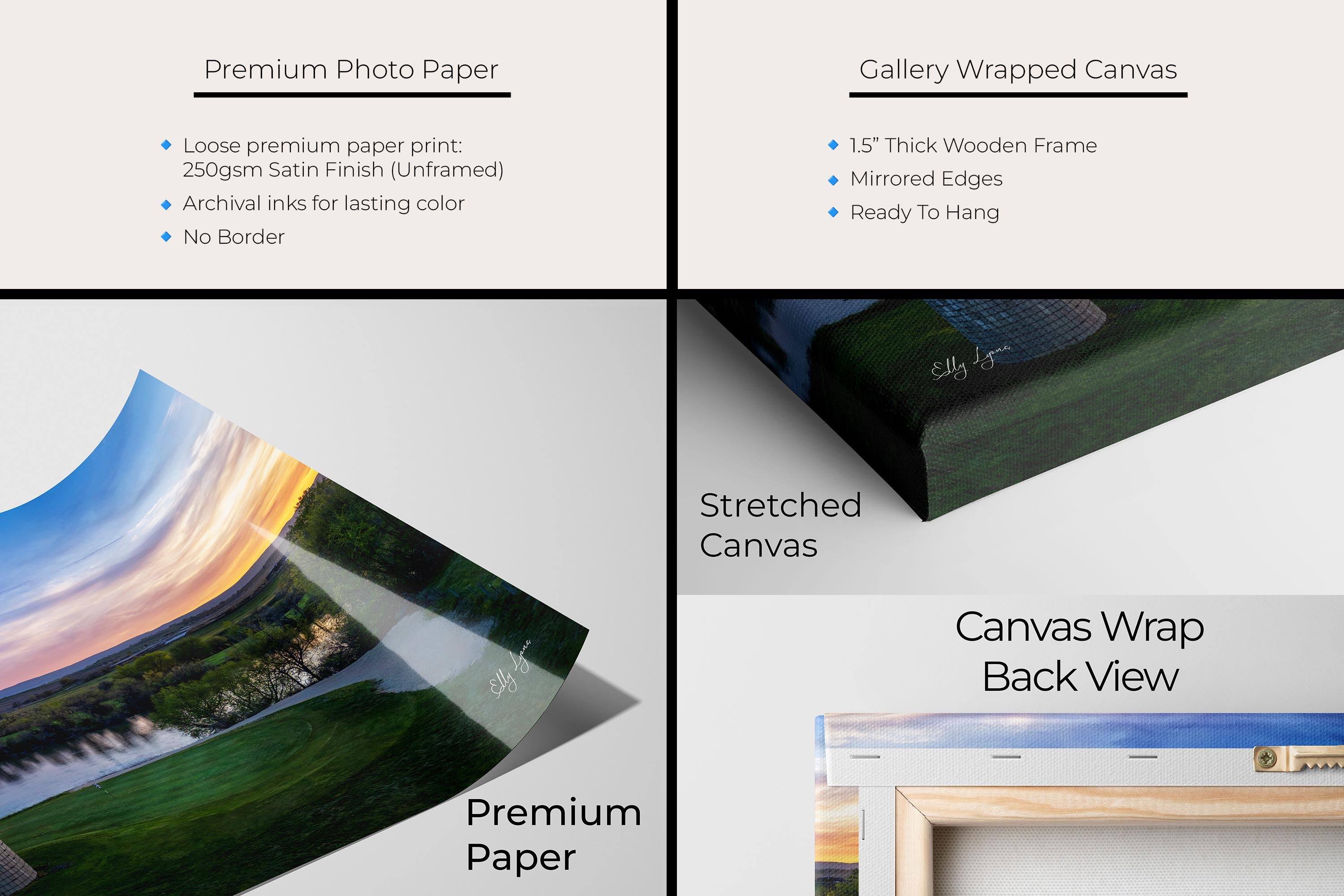 Riverbend Golf Club in Idaho, silo green sunset by the river fine art print artwork materials mockup showing premium photo paper and gallery wrapped canvas close up