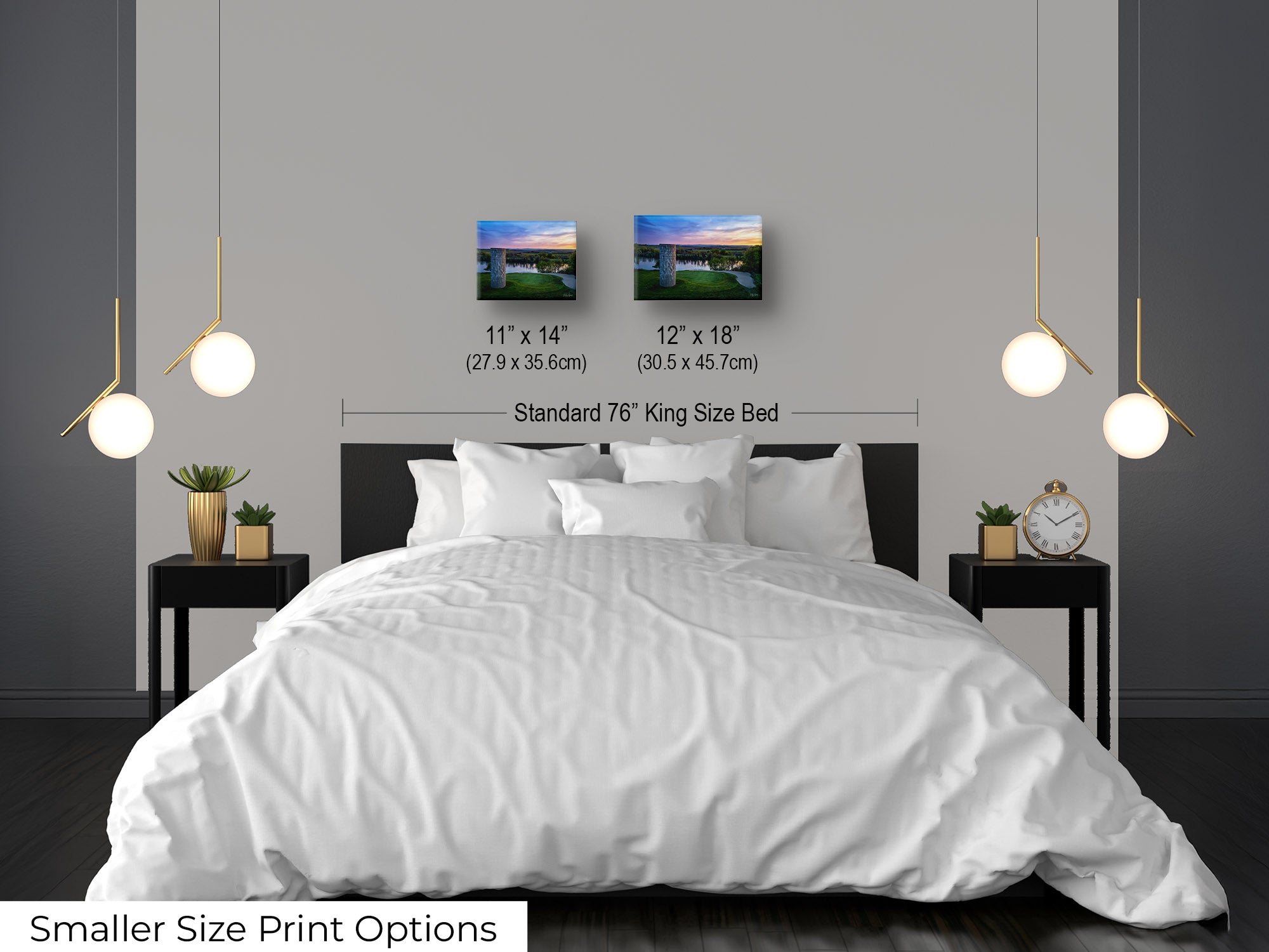 Riverbend Golf Club in Idaho, silo green sunset by the river fine art print wall art size mockup showing 11x14 and 12x18 inch prints above a king size bed