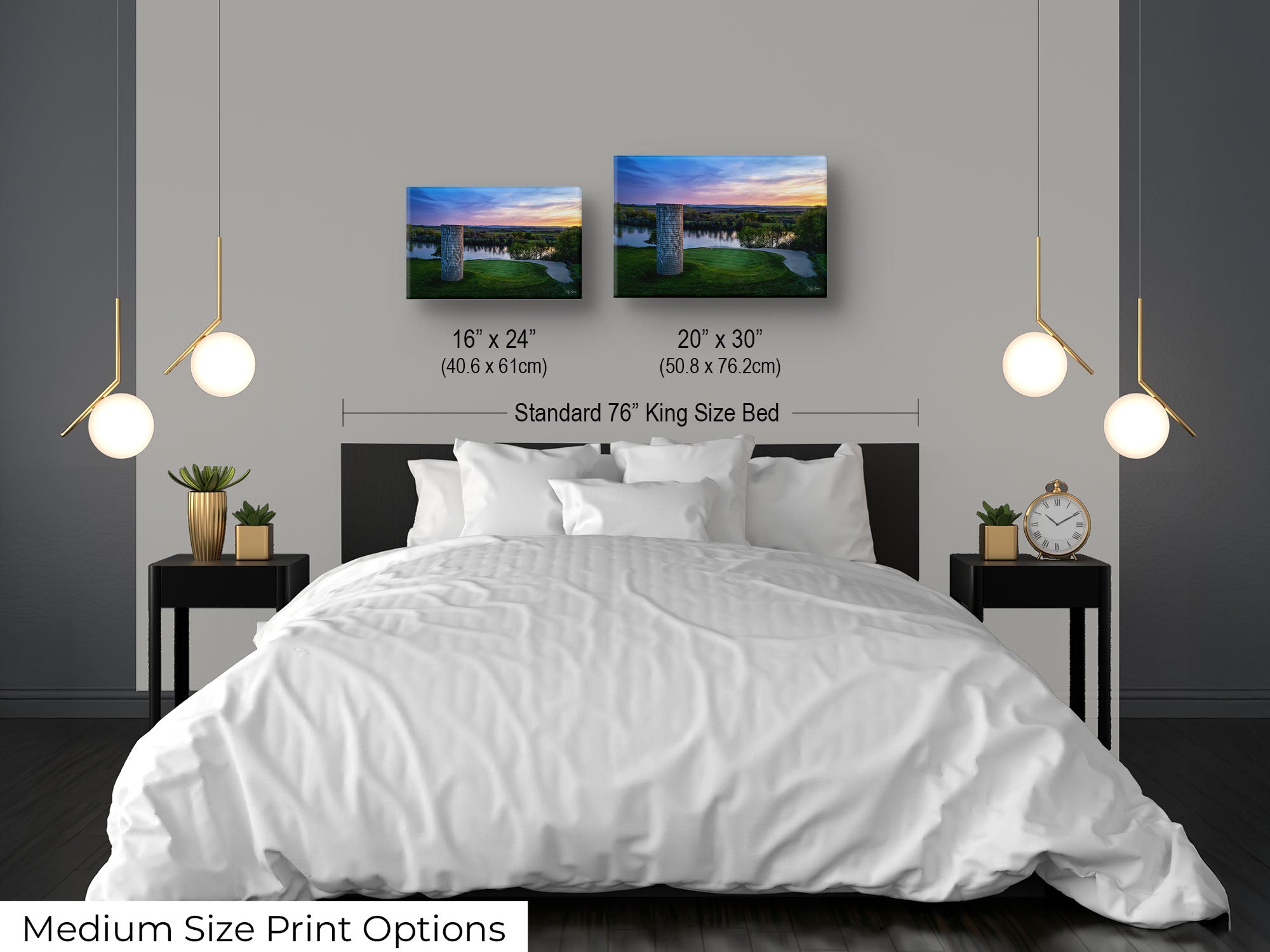 Riverbend Golf Club in Idaho, silo green sunset by the river fine art print wall art size mockup showing 16x24 and 20x30 inch prints above a king size bed