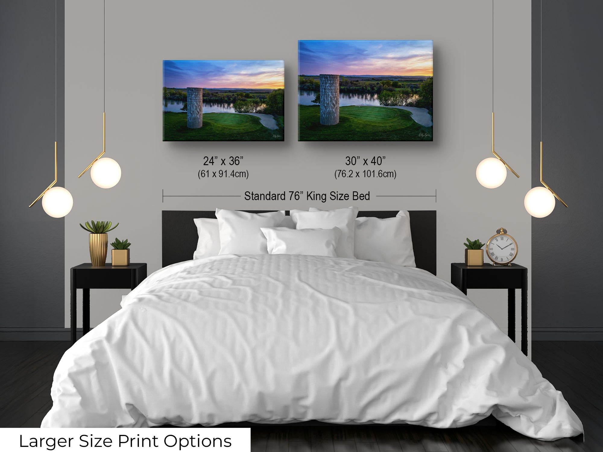 Riverbend Golf Club in Idaho, silo green sunset by the river fine art print wall art size mockup showing 24x36 and 30x40 inch prints above a king size bed