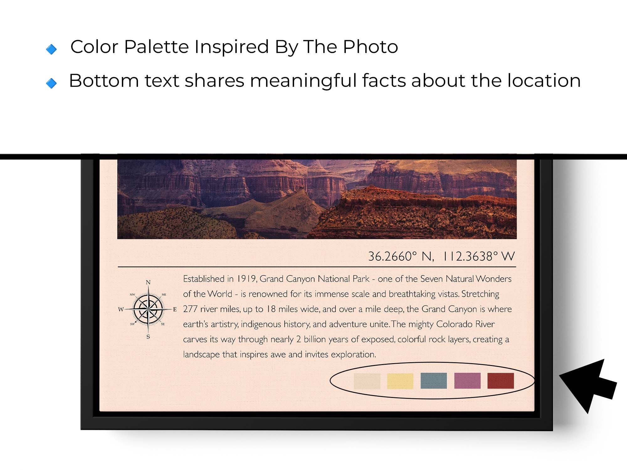 Grand Canyon National Park travel poster featuring the Colorado River photograph and photo inspired color palette close-up of location facts text and photo inspired color palette