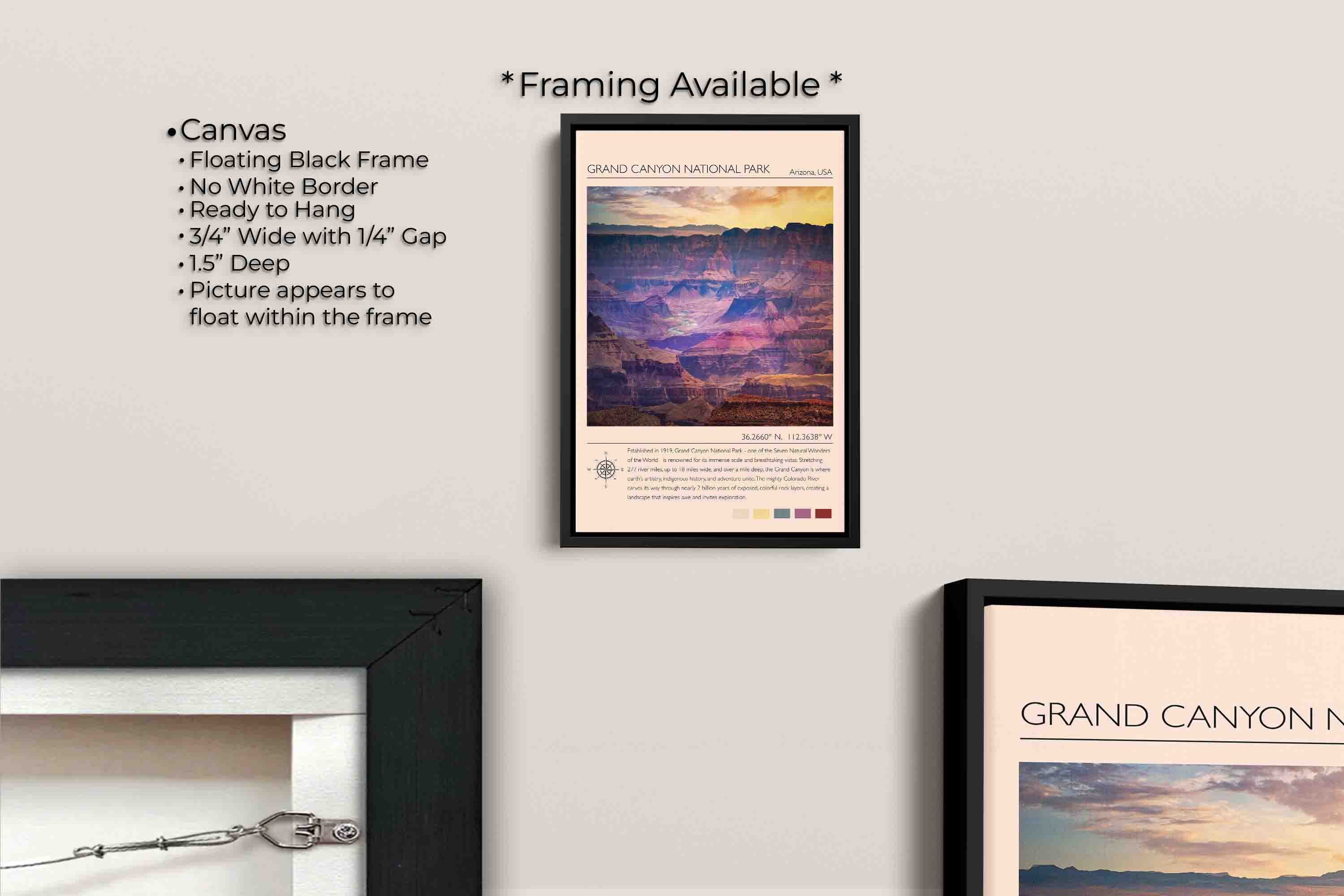Grand Canyon National Park travel poster featuring the Colorado River photograph and photo inspired color palette canvas wall art in black float frame, canvas framing option details
