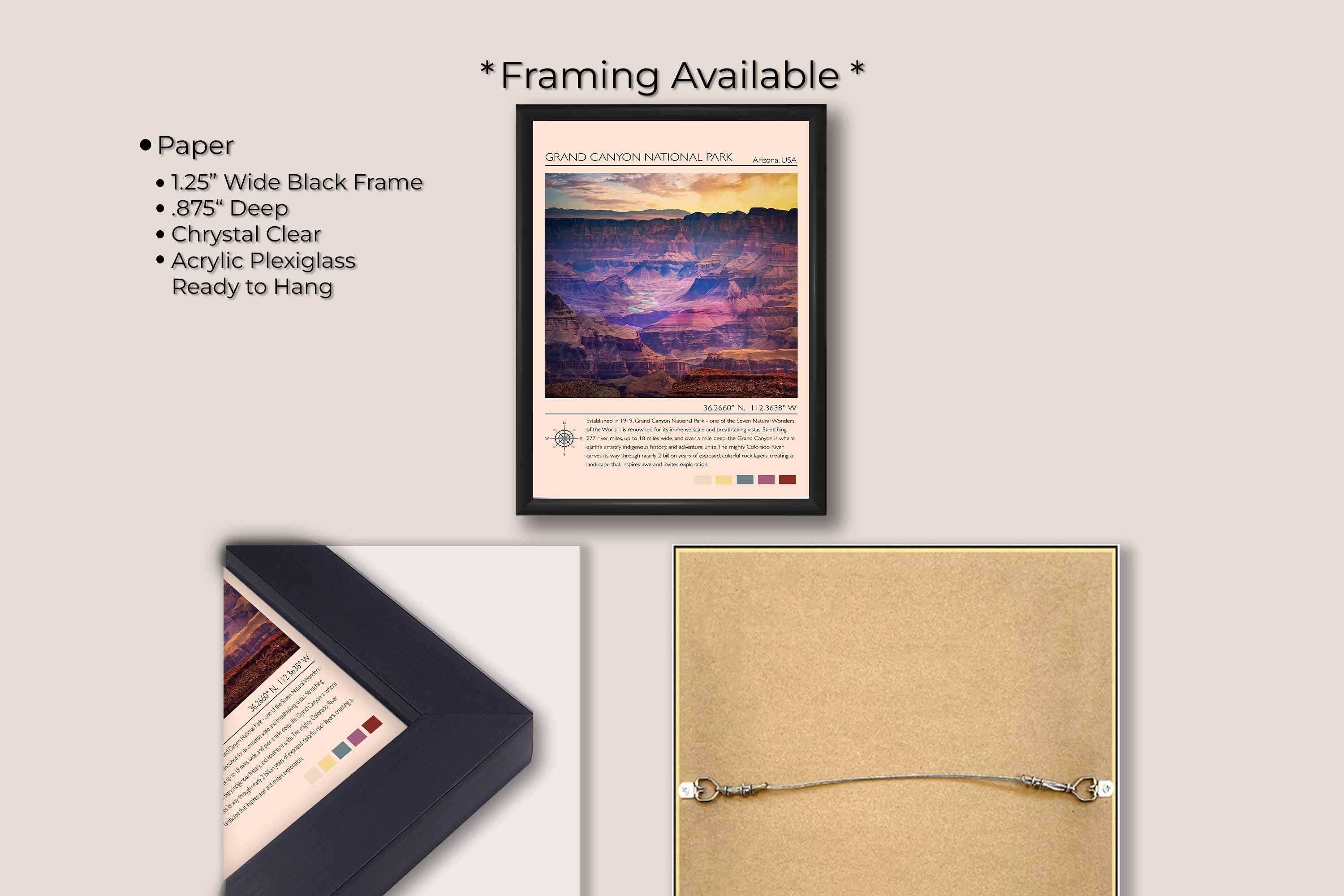 Grand Canyon National Park travel poster featuring the Colorado River photograph and photo inspired color palette in black frame, paper and framing option details