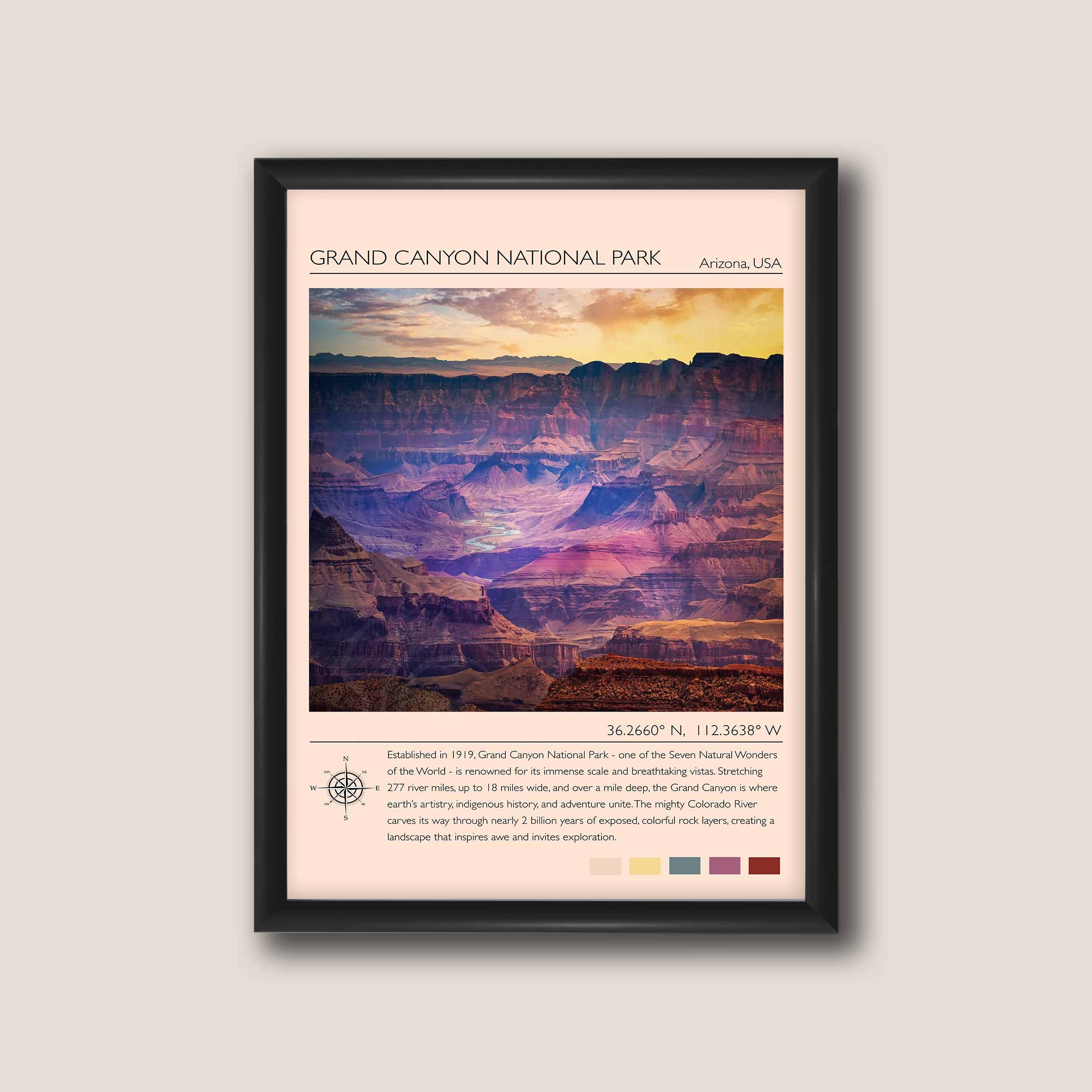 Grand Canyon National Park travel poster featuring the Colorado River photograph and photo inspired color palette