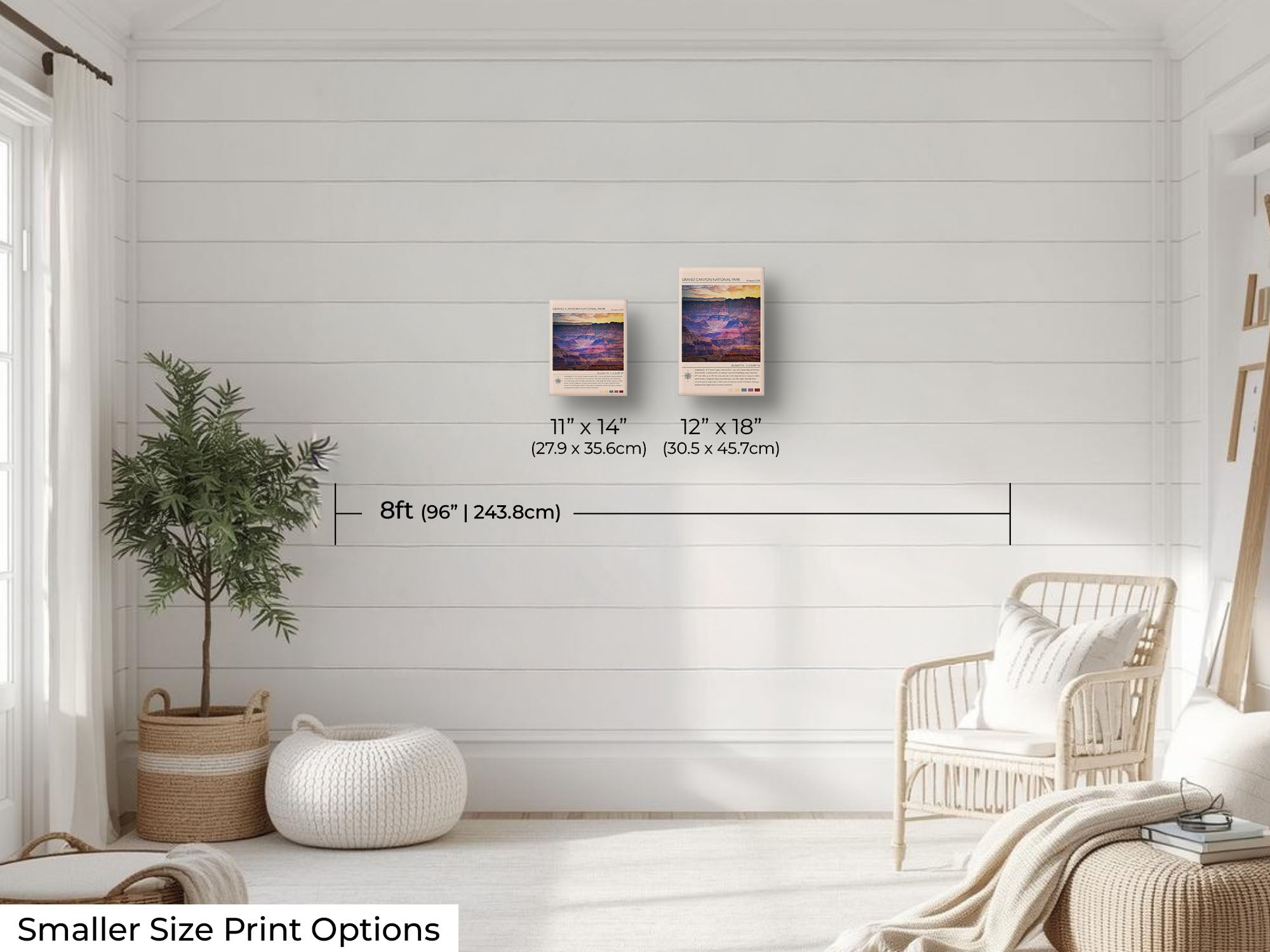 Grand Canyon National Park travel poster featuring the Colorado River photograph and photo inspired color palette wall art size mockup showing 11x14 and 12x18 inch prints above a reading chair by an eight foot wall