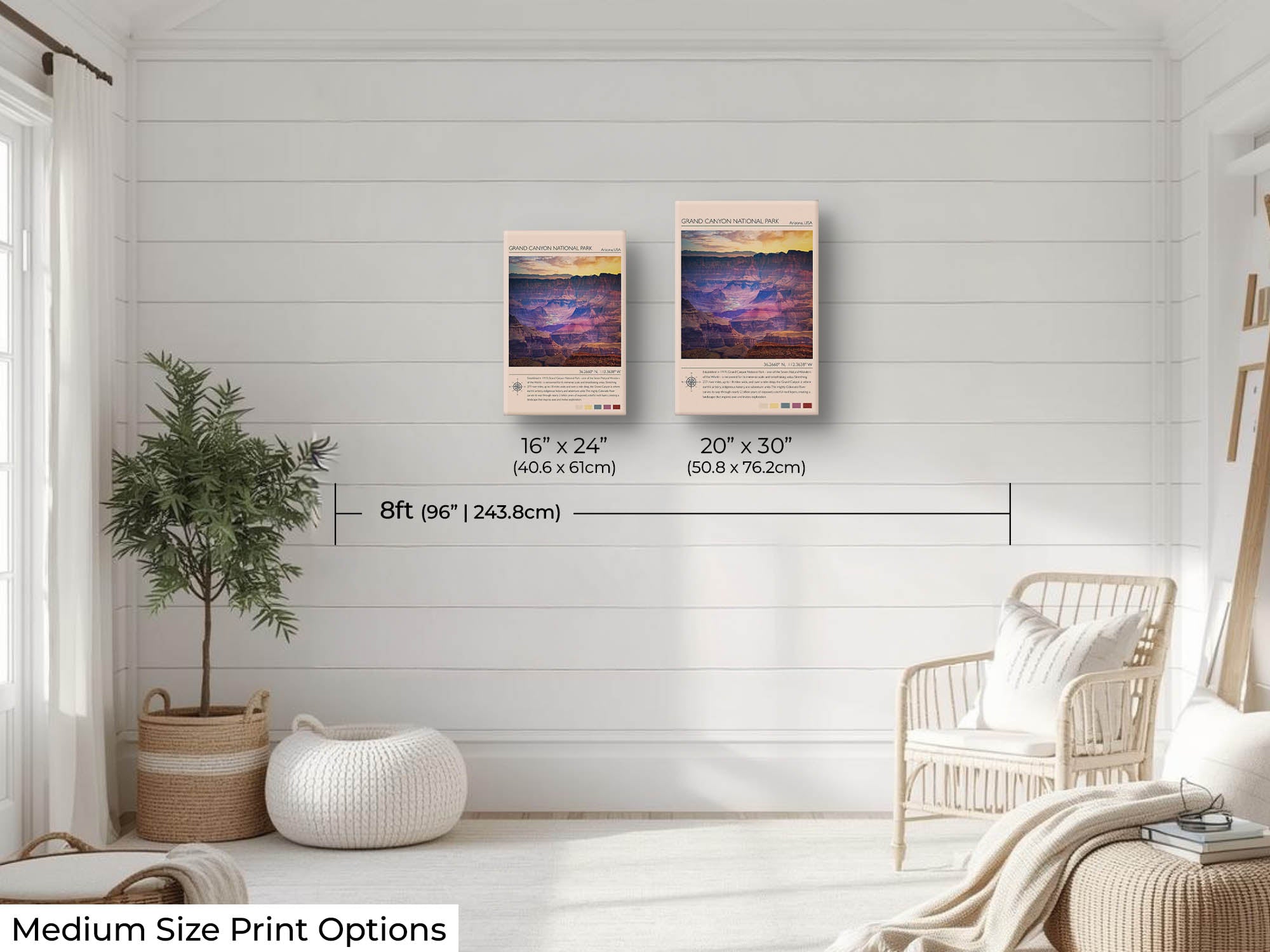 Grand Canyon National Park travel poster featuring the Colorado River photograph and photo inspired color palette wall art size mockup showing 16x24 and 20x30 inch prints above a reading chair by an eight foot wall