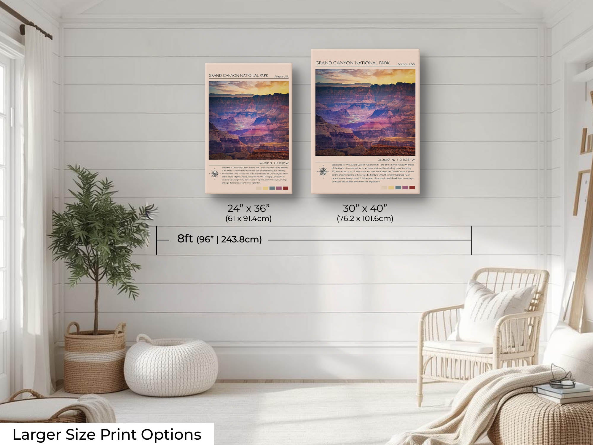 Grand Canyon National Park travel poster featuring the Colorado River photograph and photo inspired color palette wall art size mockup showing 24x36 and 30x40 inch prints above a reading chair by an eight foot wall