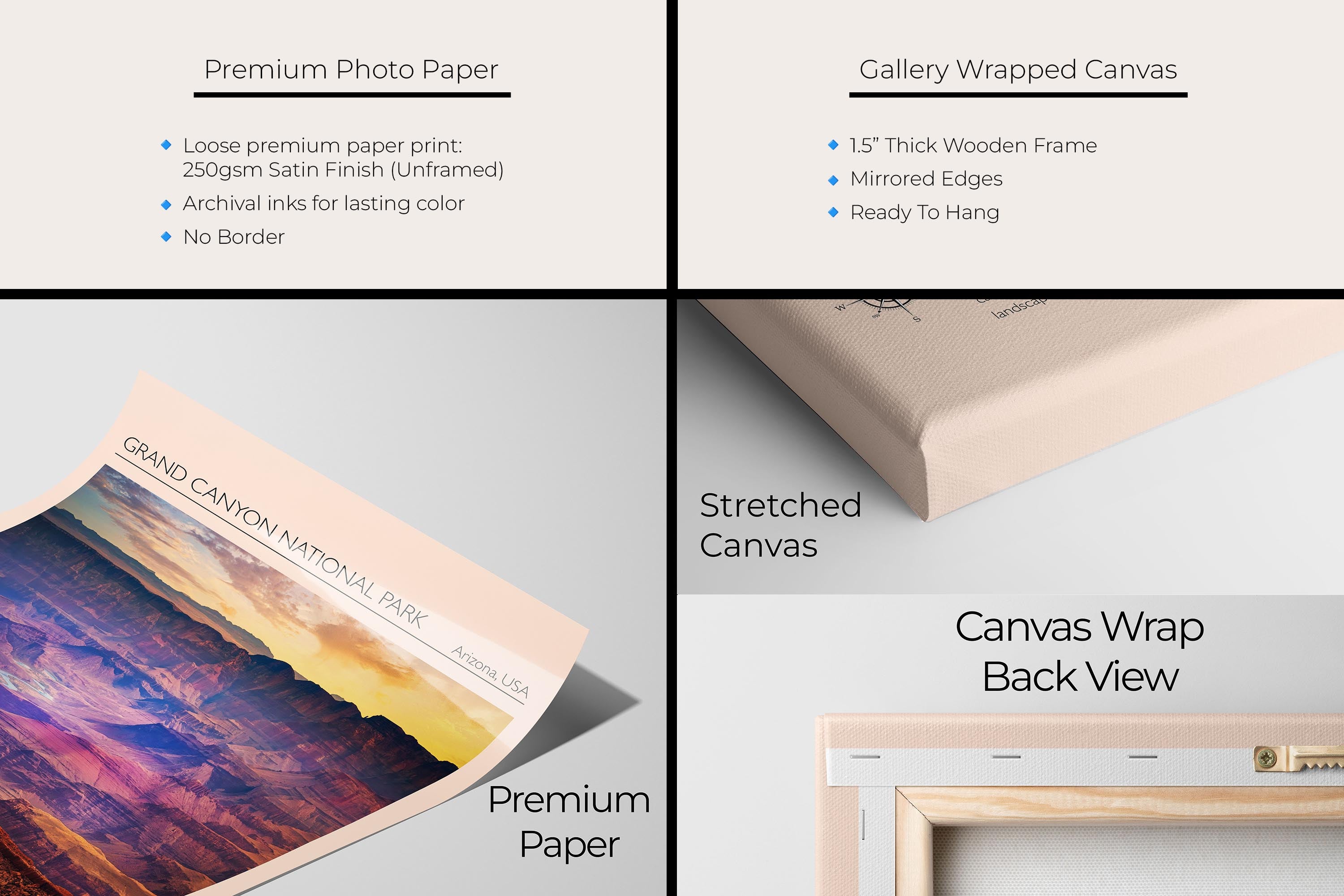 Grand Canyon National Park travel poster featuring the Colorado River photograph and photo inspired color palette artwork materials mockup showing premium photo paper and gallery wrapped canvas close up