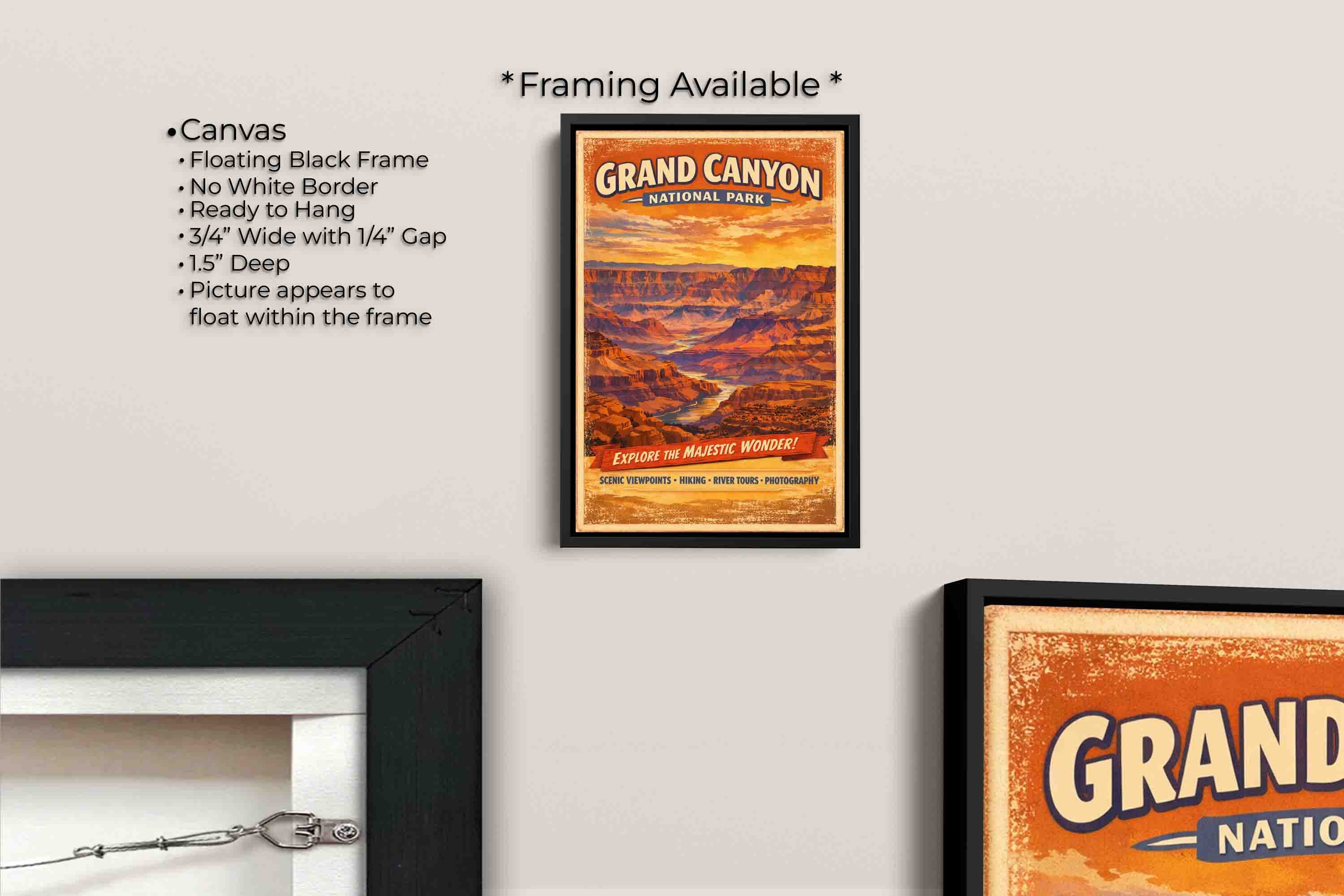 Grand Canyon National Park vintage style travel poster featuring Colorado River canvas wall art in black float frame, canvas framing option details
