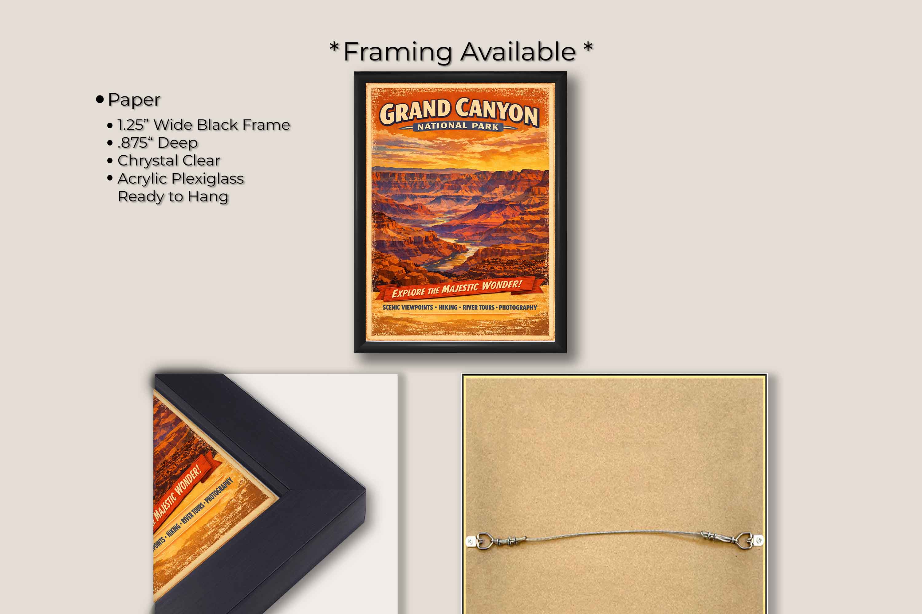 Grand Canyon National Park vintage style travel poster featuring Colorado River in black frame, paper and framing option details