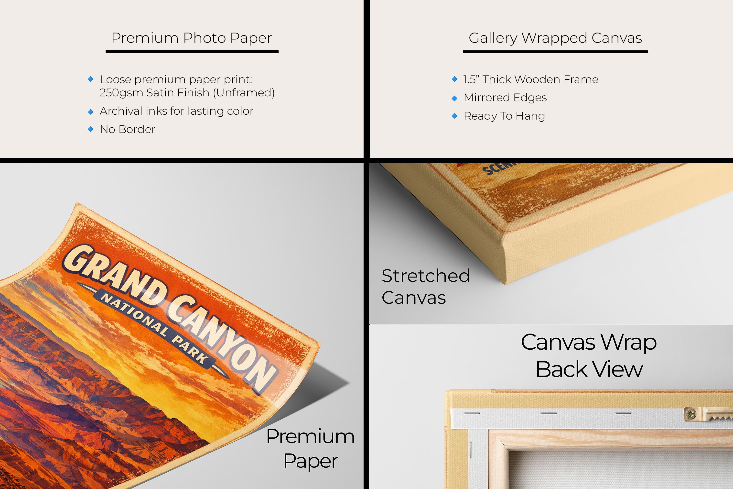 Grand Canyon National Park vintage style travel poster featuring Colorado River artwork materials mockup showing premium photo paper and gallery wrapped canvas close up