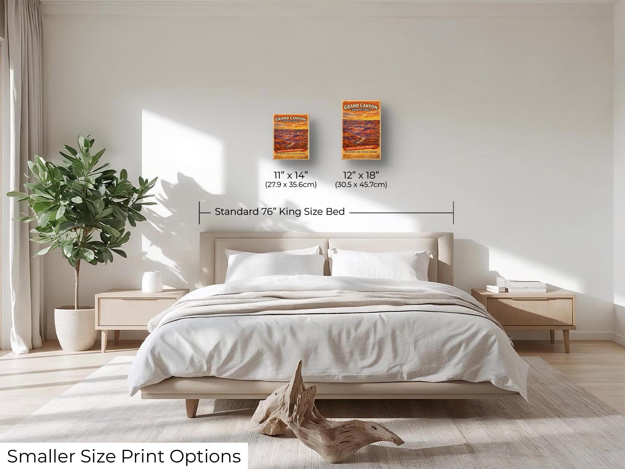 Grand Canyon National Park vintage style travel poster featuring Colorado River wall art size mockup showing 11x14 and 12x18 inch prints above a king size bed 